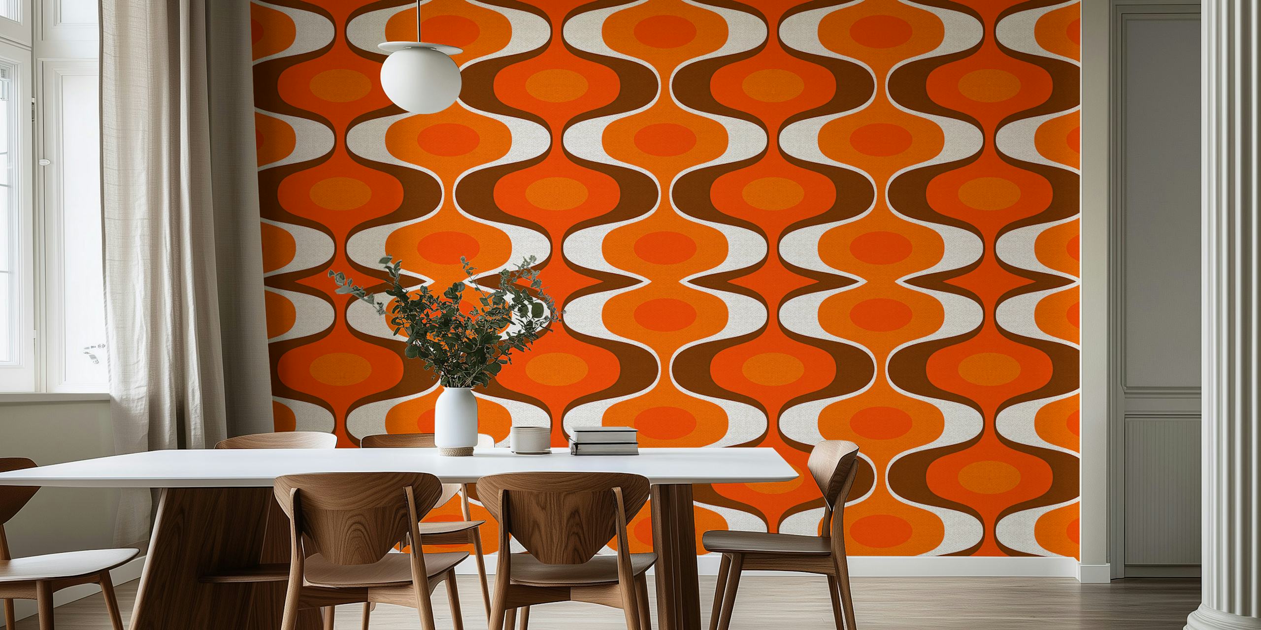 Vintage-inspired wall mural with a 70s retro groovy pattern in orange and brown colors.
