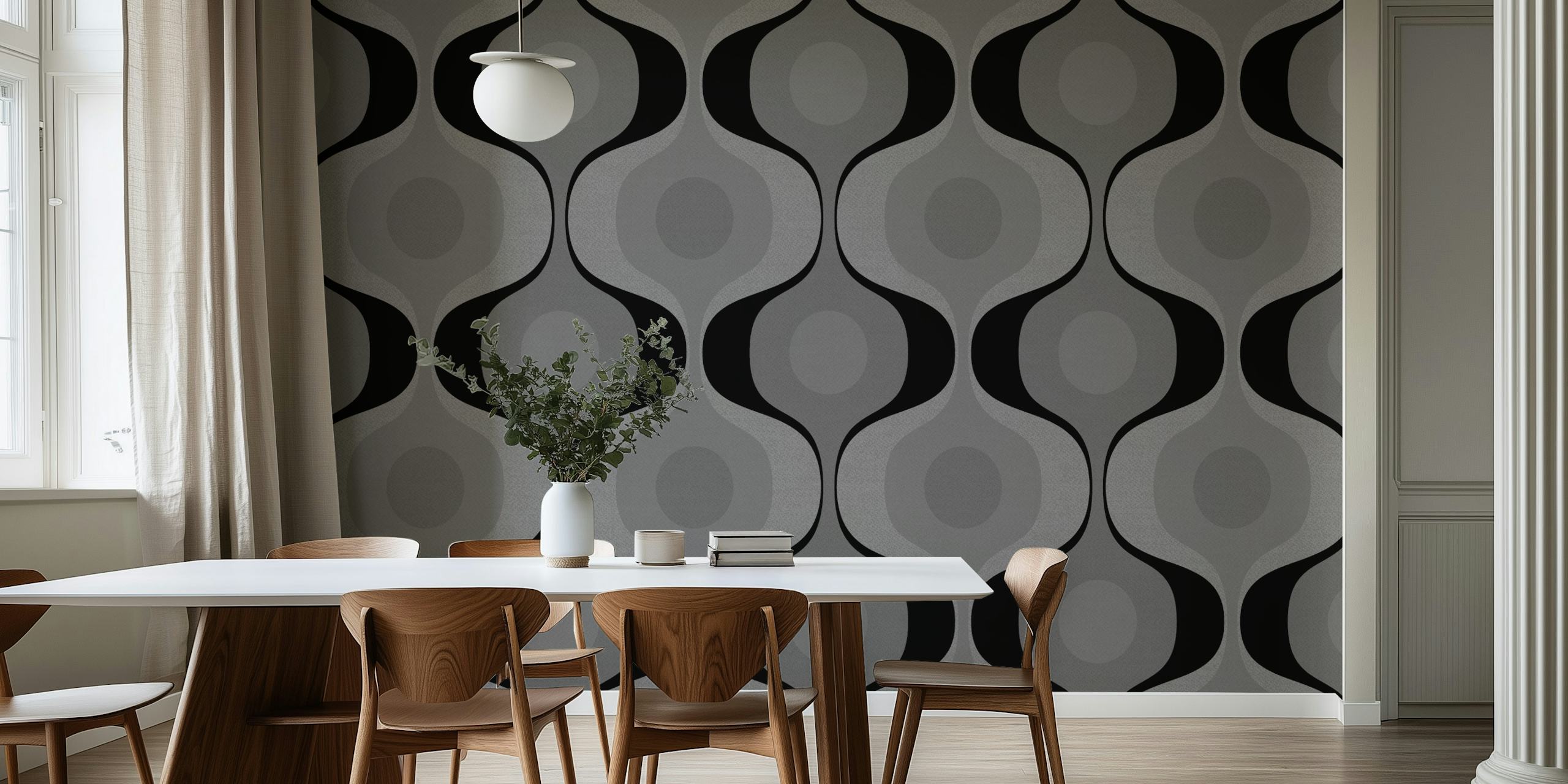 Mid century modern wallpaper featuring black and gray wavy patterns with circular accents
