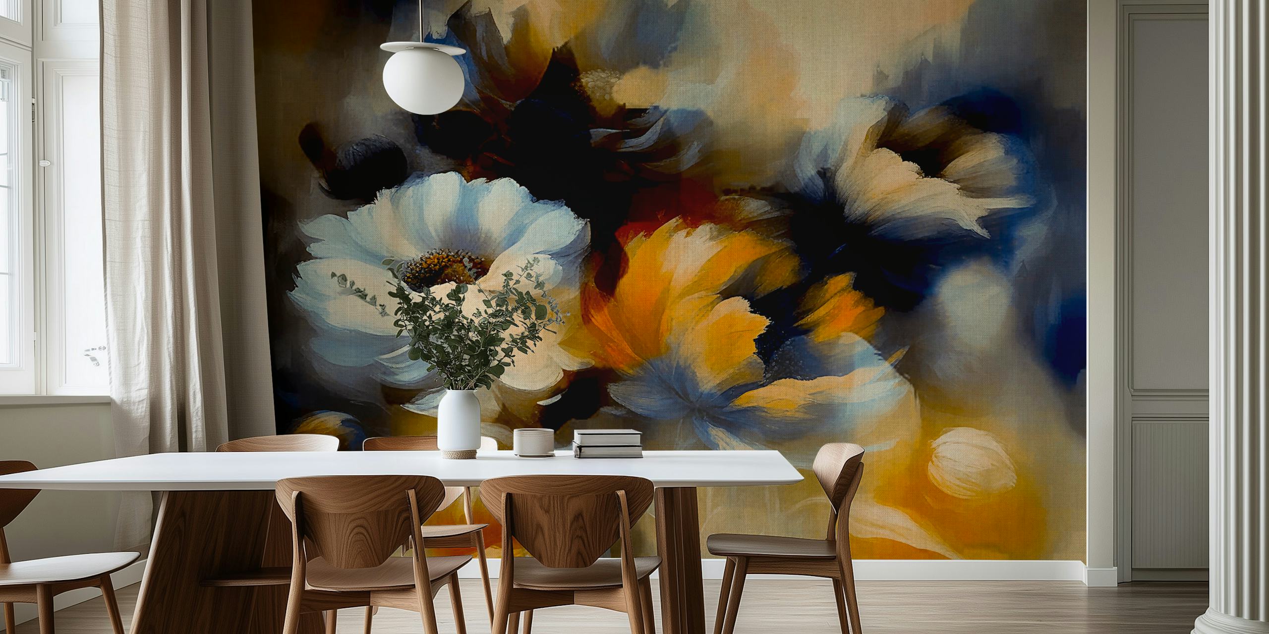 Colorful flowers in autumn hues of yellow and blue watercolor style wallpaper