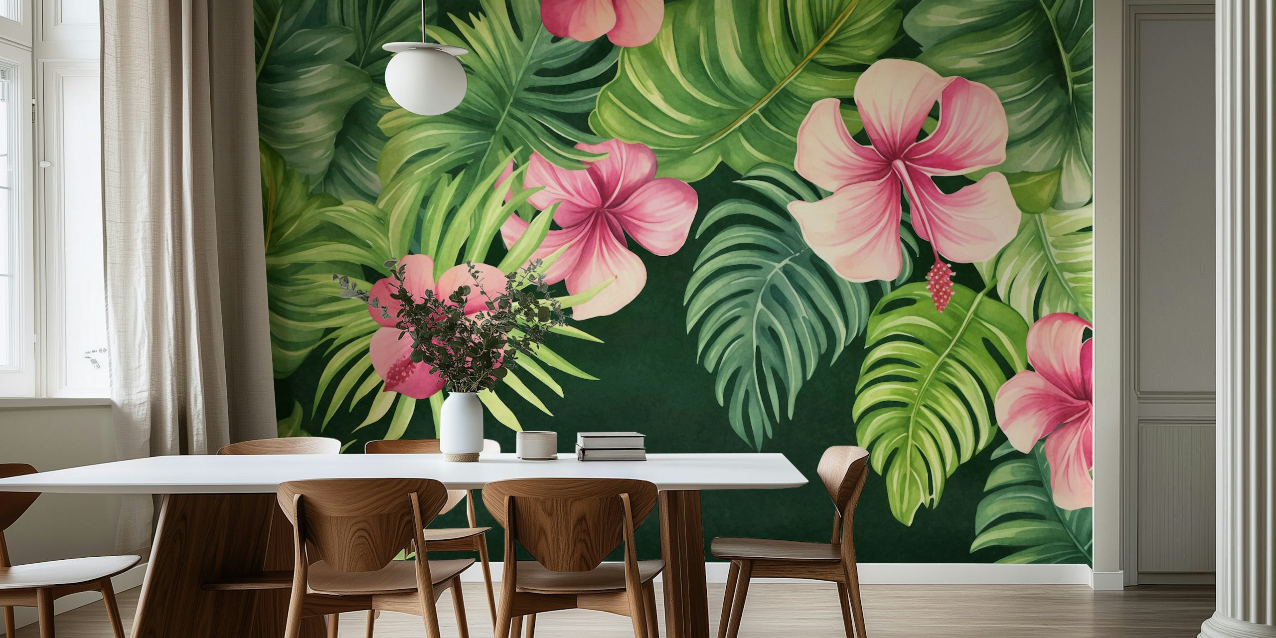 Tropical floral pattern with pink hibiscus and green leaves wallpaper