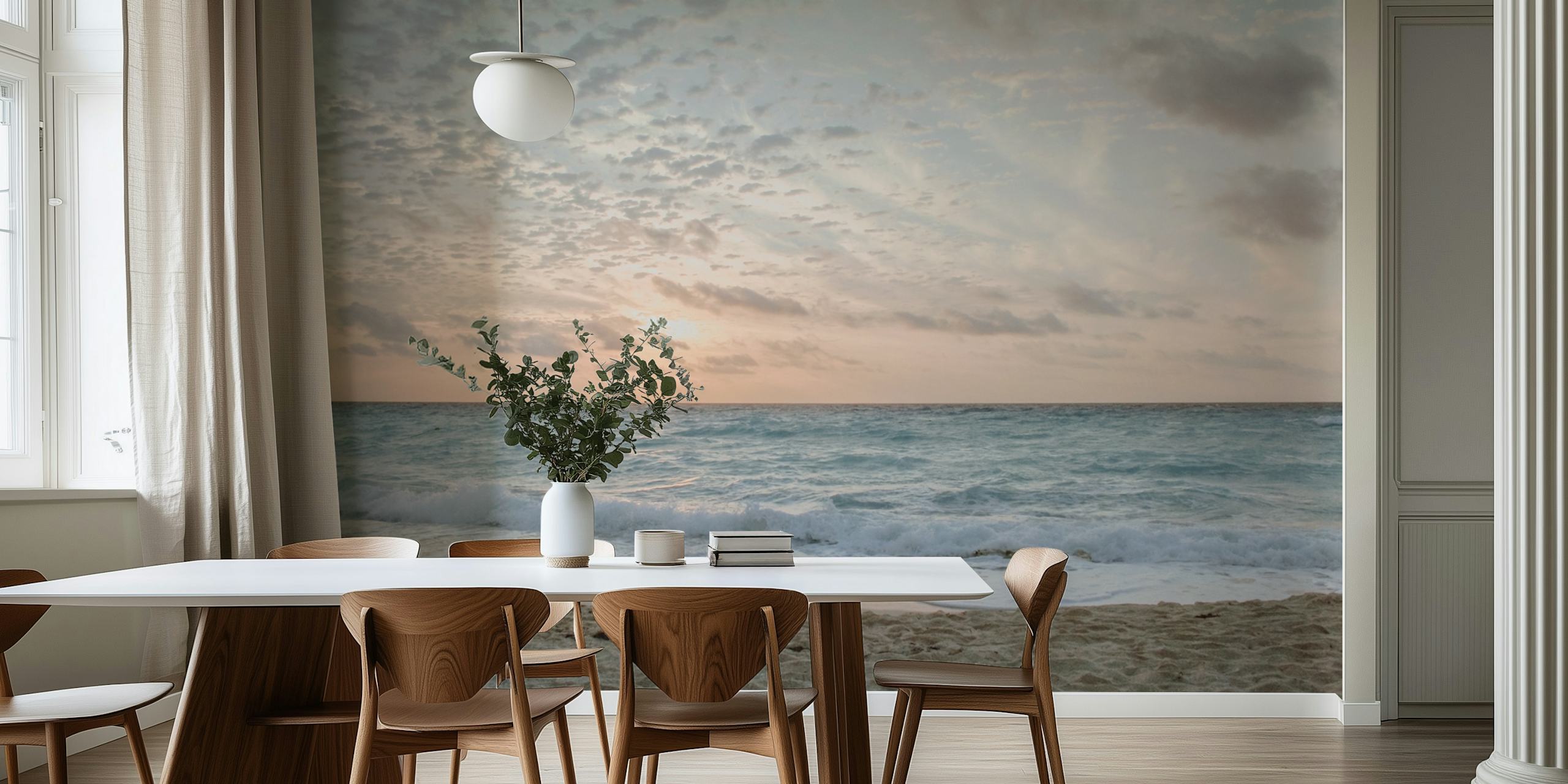 Coastal beach scene with sunset colors and water waves wallpaper