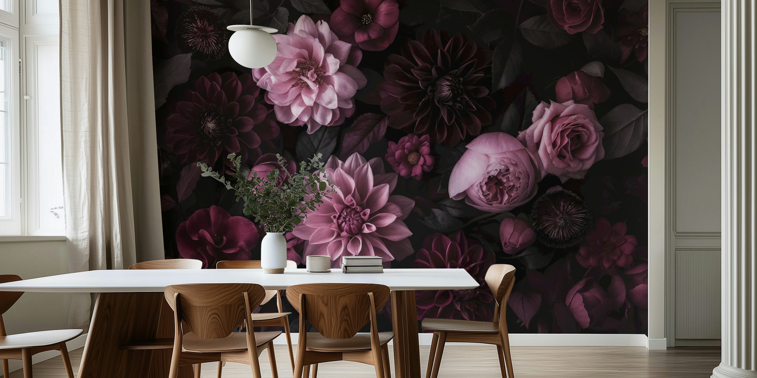 Diseño de papel tapiz Dark moody pink dahlias y peonies