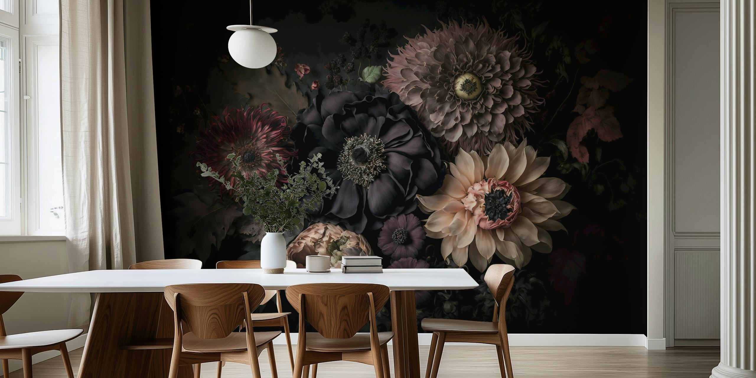 Donkere bloemen in verschillende tinten op zwart achtergrond wallpaper
