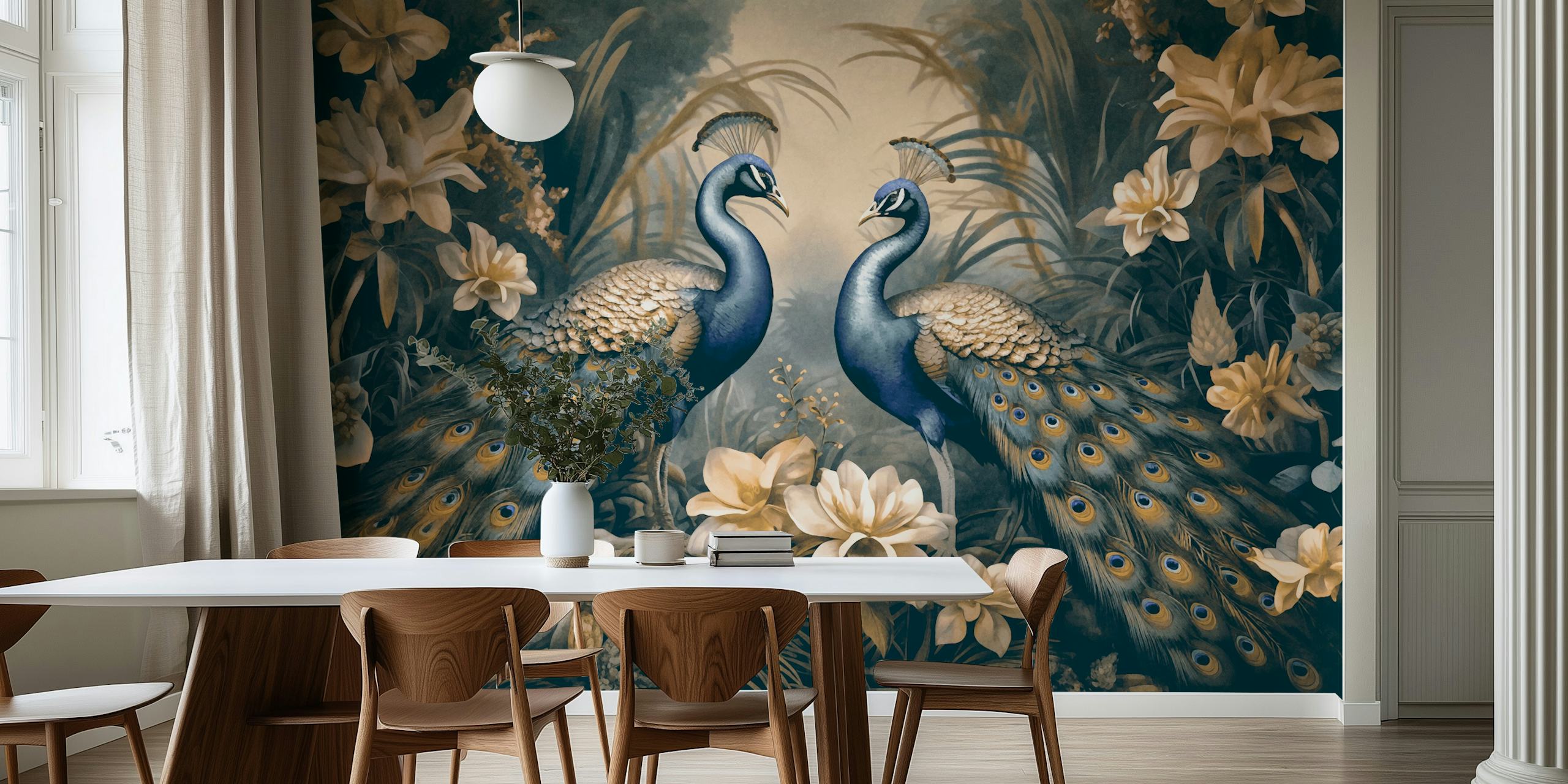 Majestic peacocks in a moonlit jungle garden wall mural