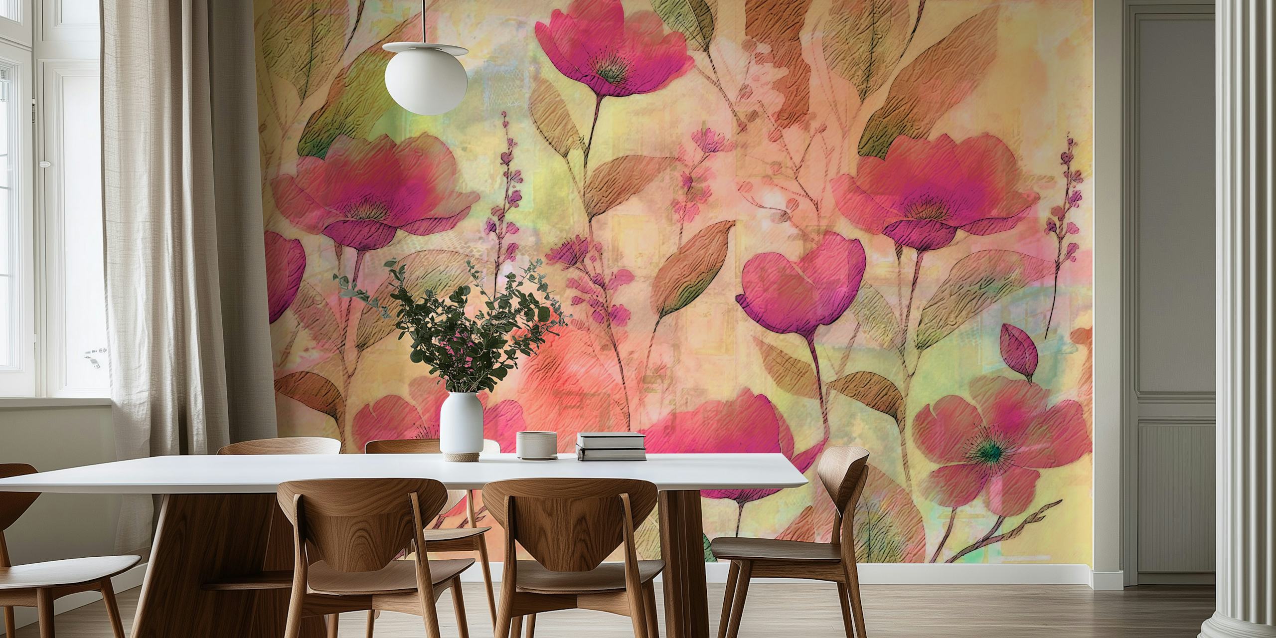 Antique lush opulent poppy lavender flower wallpaper in a room
