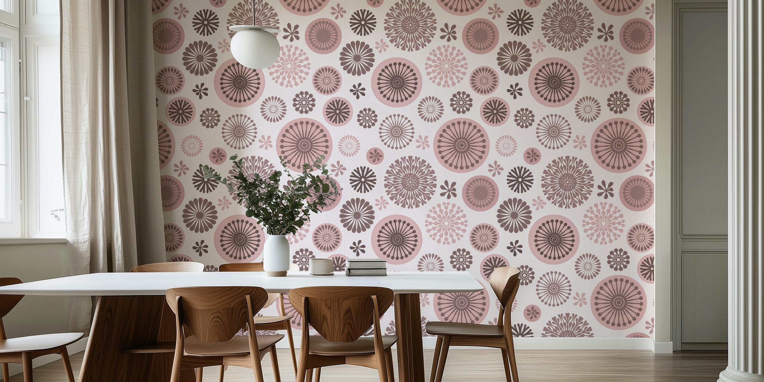 Retro floral pattern in pastel pink and brown wallpaper
