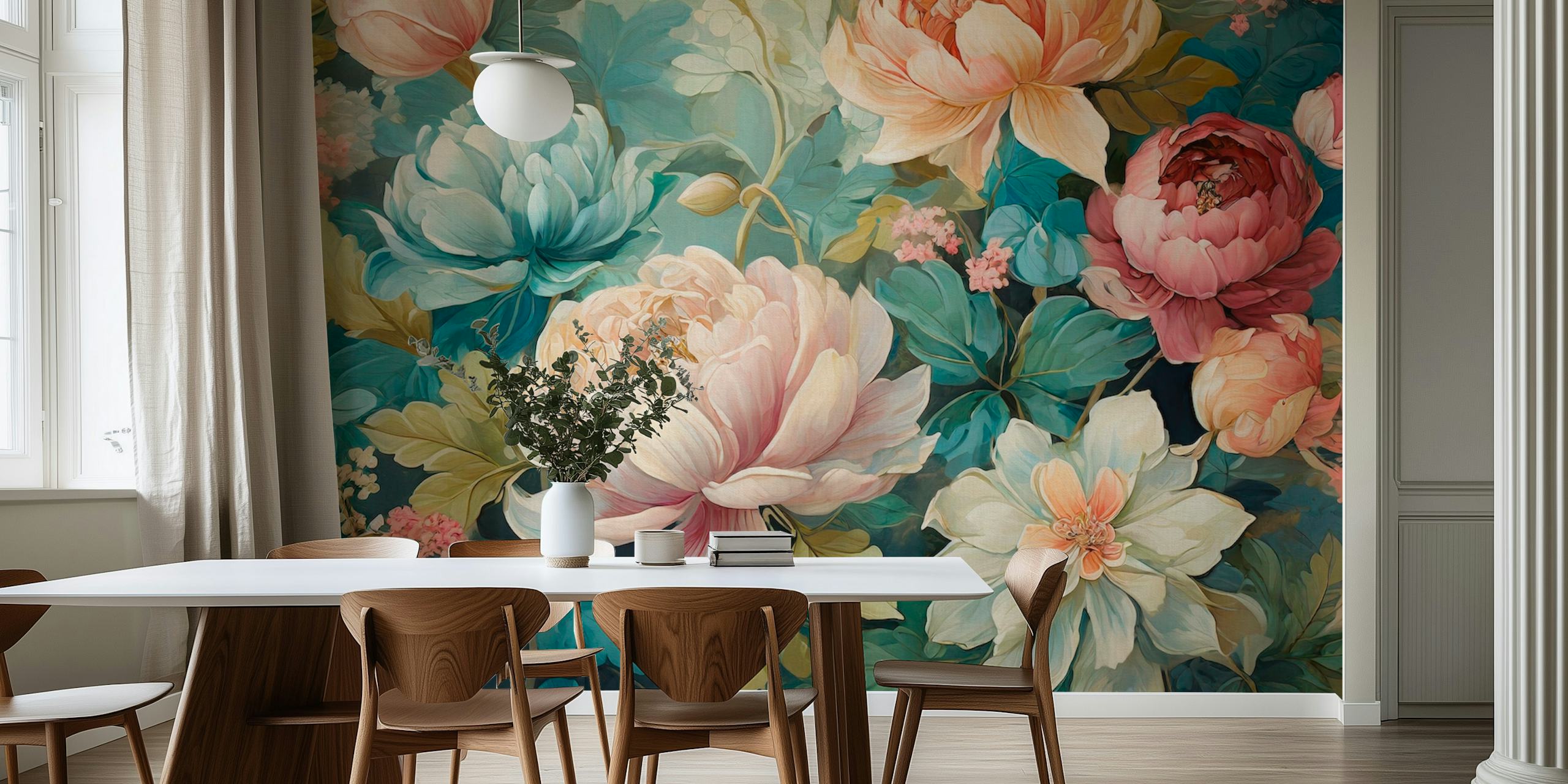 Pastel-colored floral wall mural with lush spring flowers in shades of pink, blue, and green.