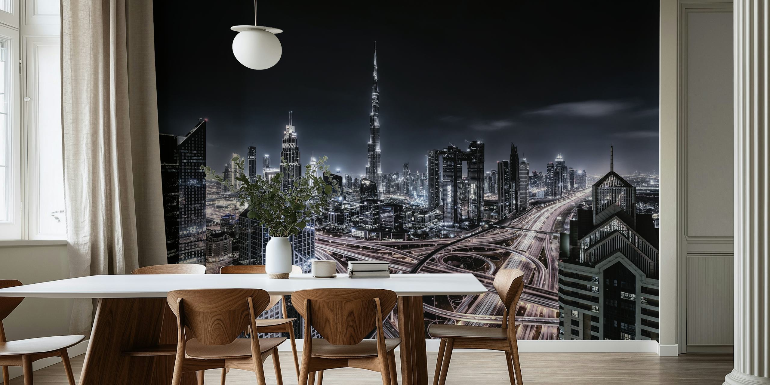 Night city skyline with skyscrapers and highways wallpaper