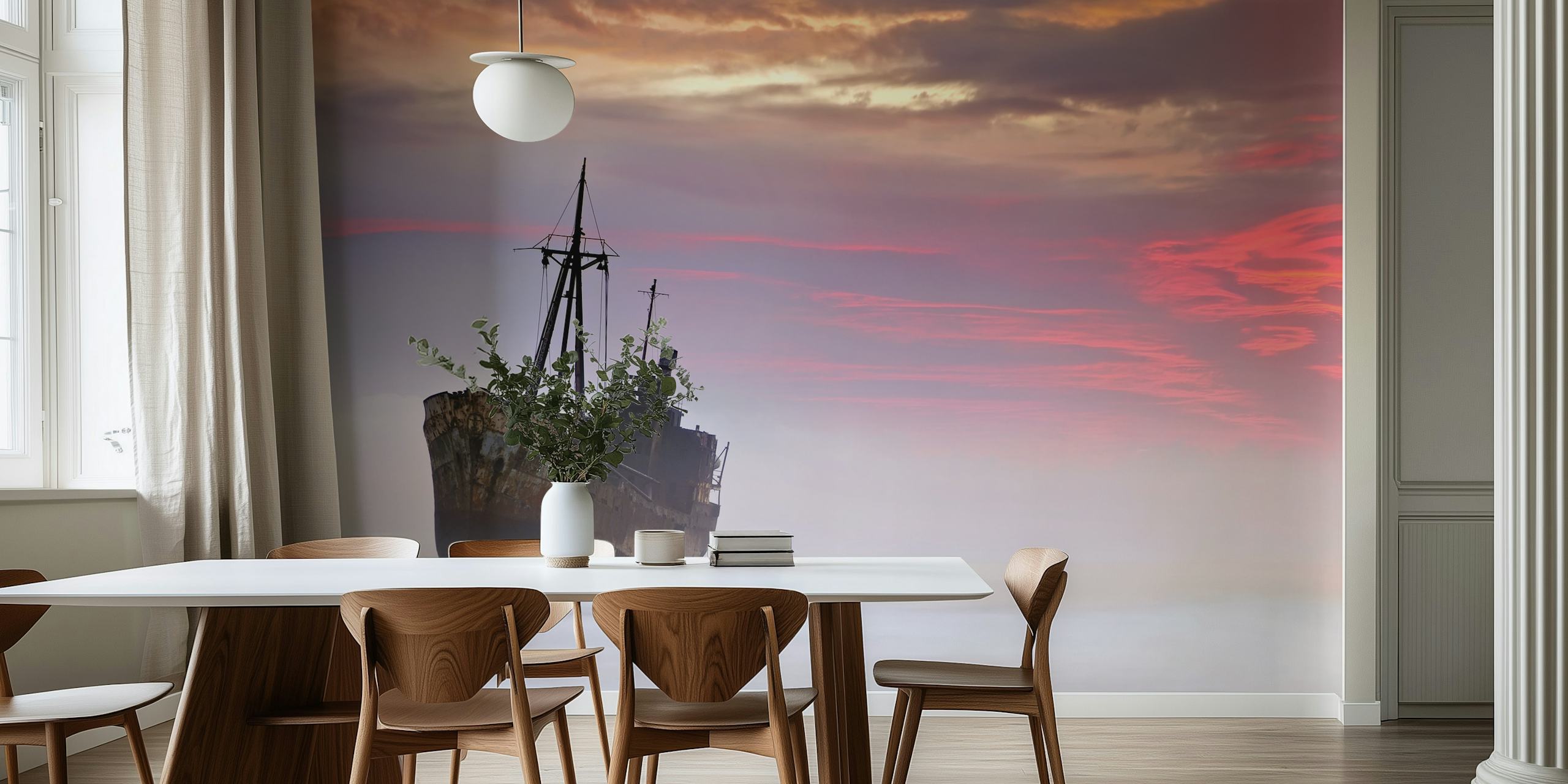 Shipwreck in ocean mist under purple and orange sky wallpaper