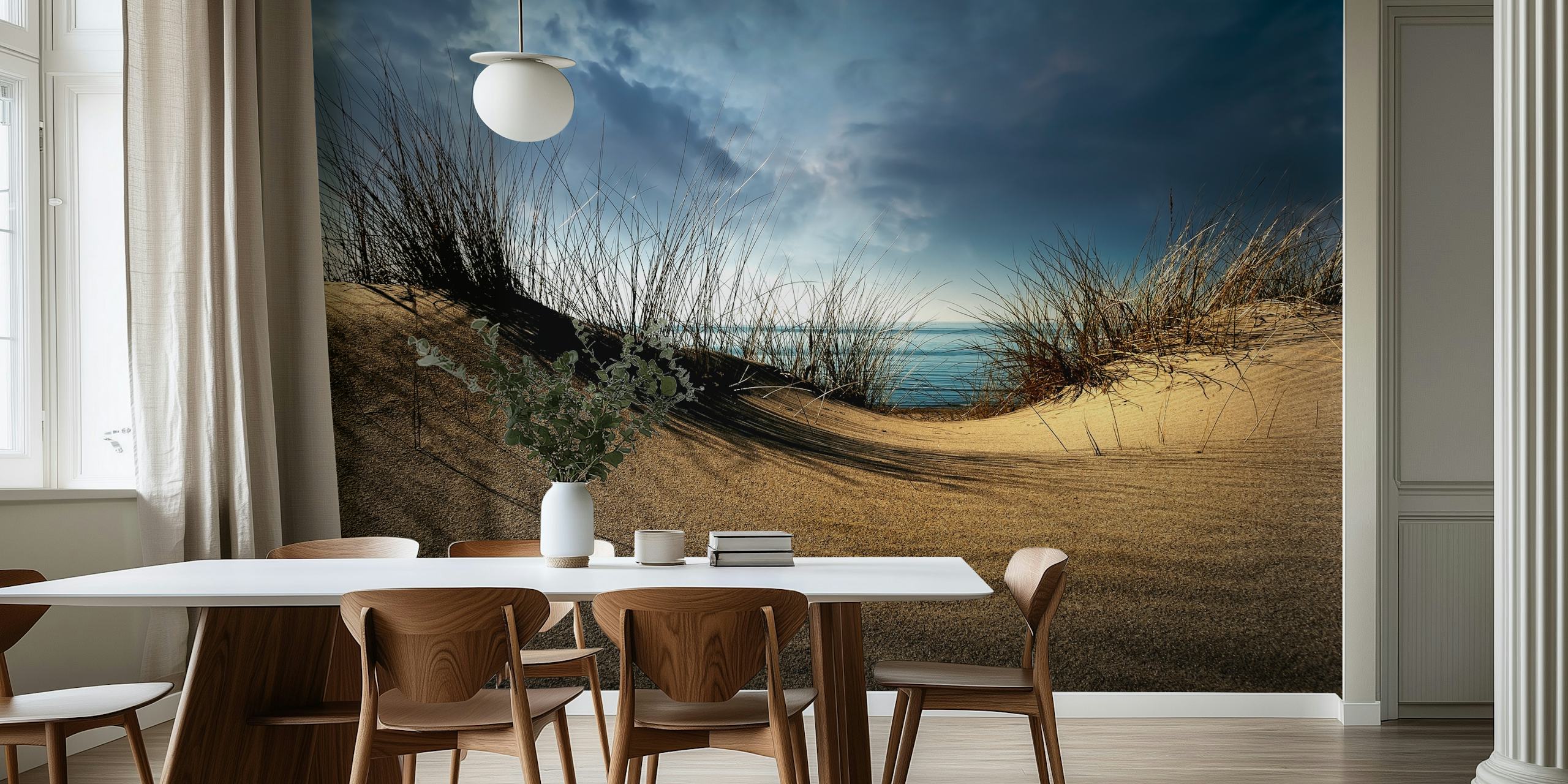 Coastal dunes with beige sand and grasses under a cloudy sky wallpaper