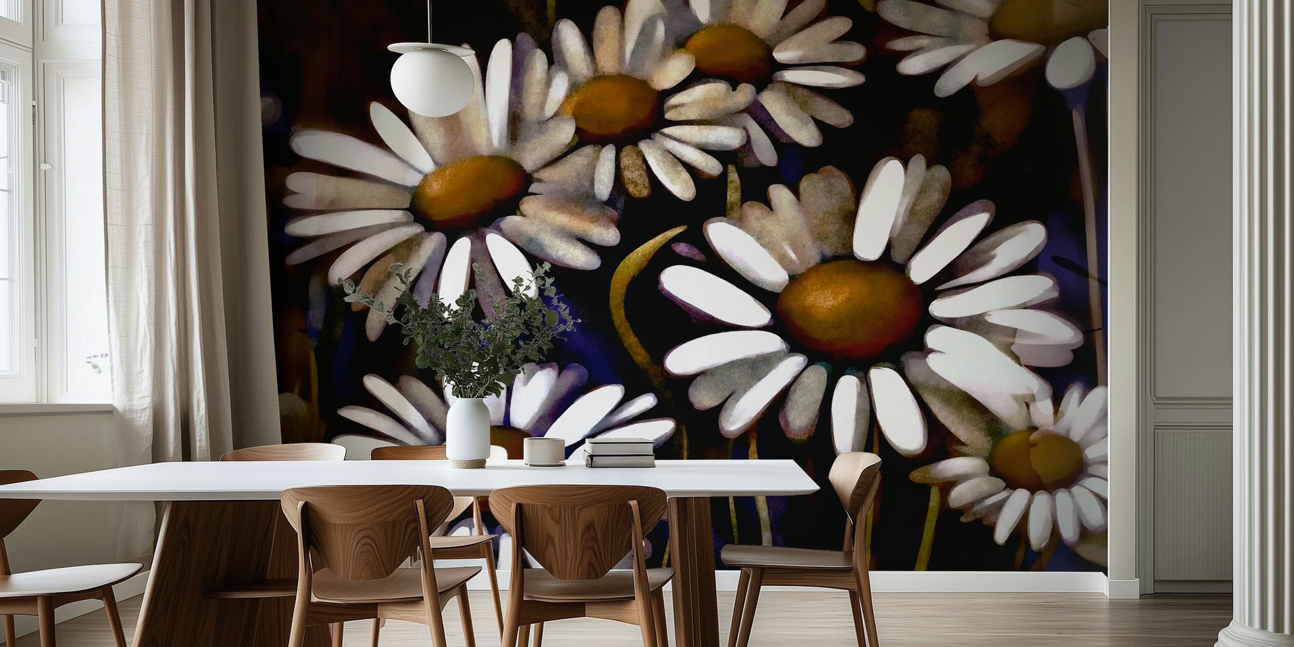 Close-up image of dark, moody daisies with a deep color contrast for wall mural