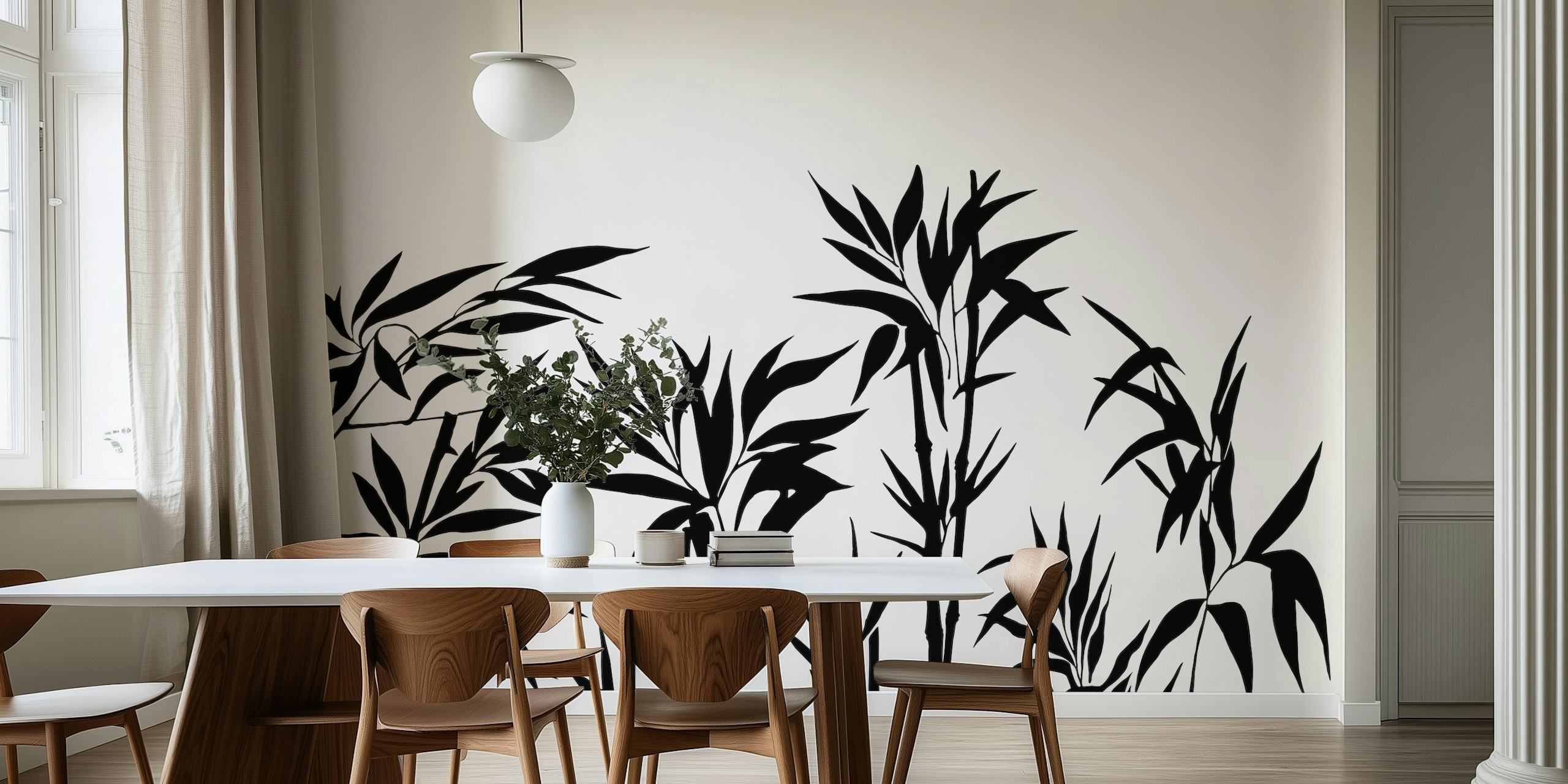 Black and white bamboo pattern wallpaper with lush leaves