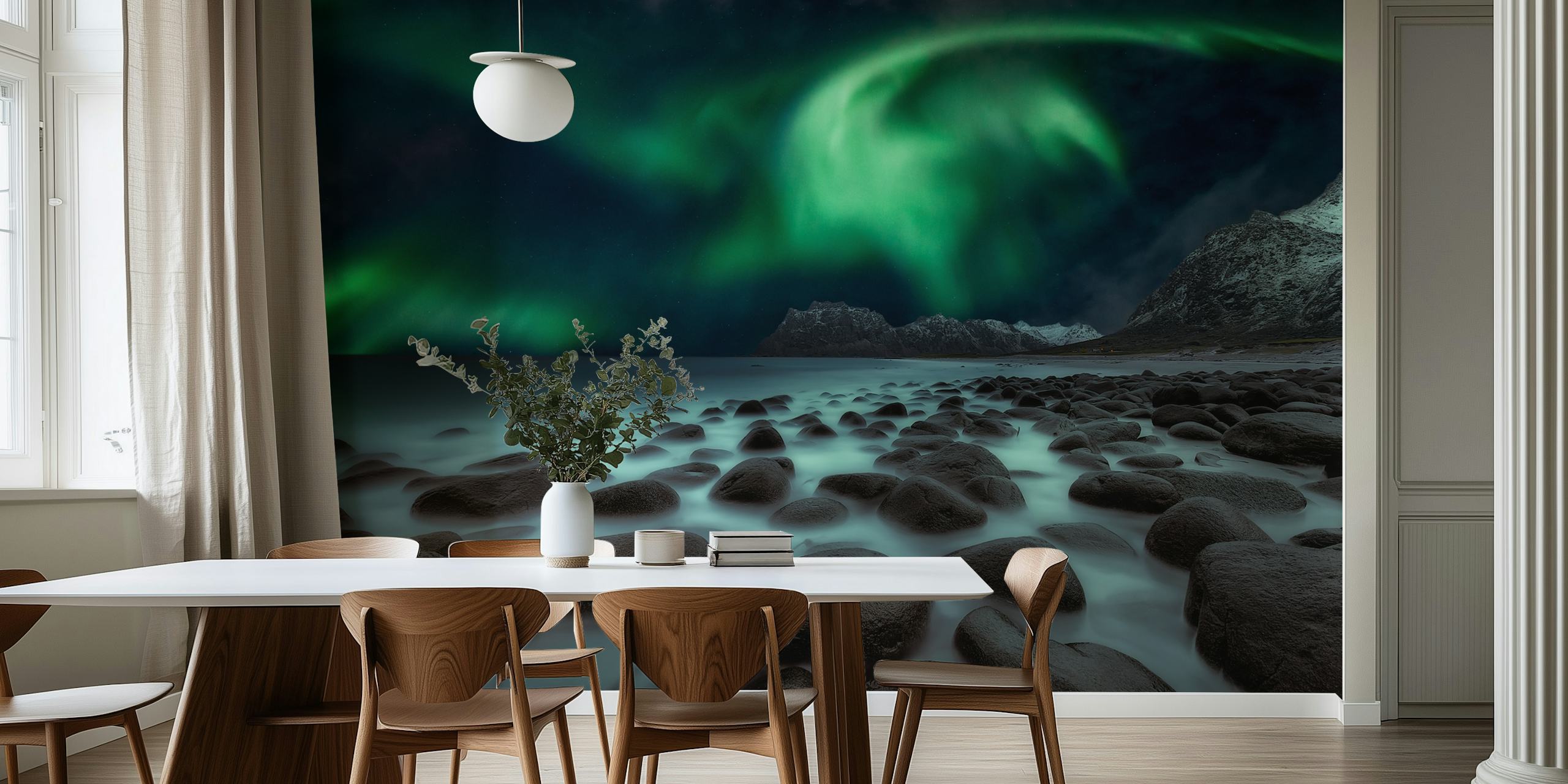 Aurora Borealis over rocky beach landscape wallpaper