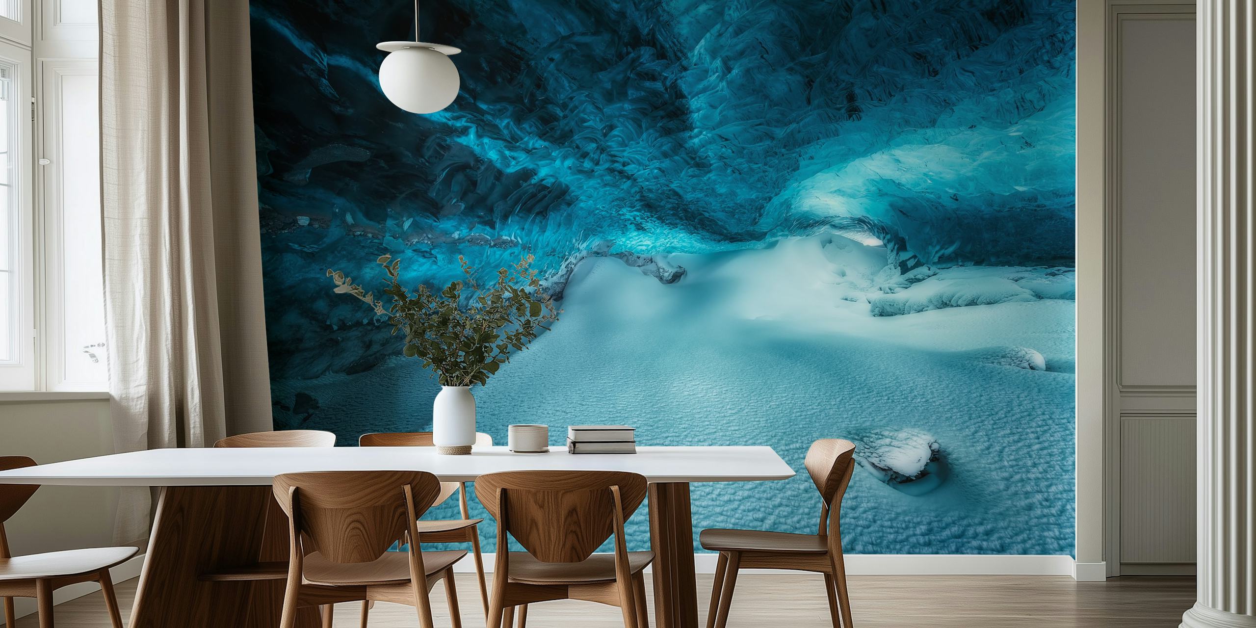 Underwater ice cavern wall mural displaying shades of blue and frozen textures