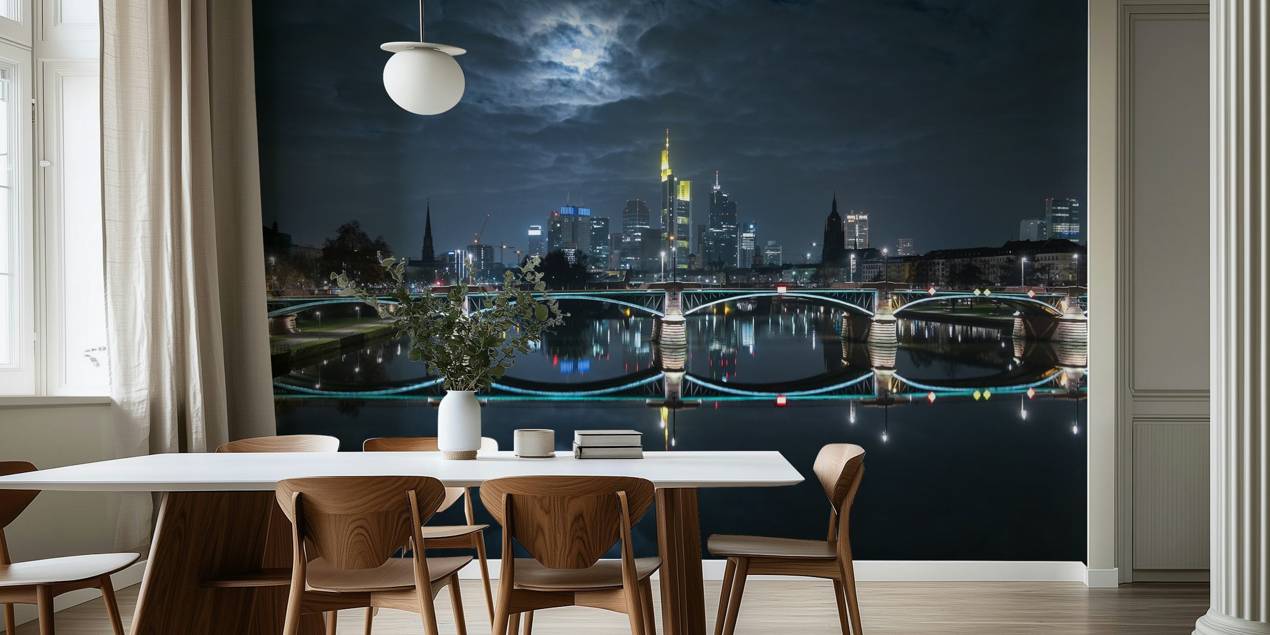 Frankfurt city skyline at night with moon and dark clouds wallpaper