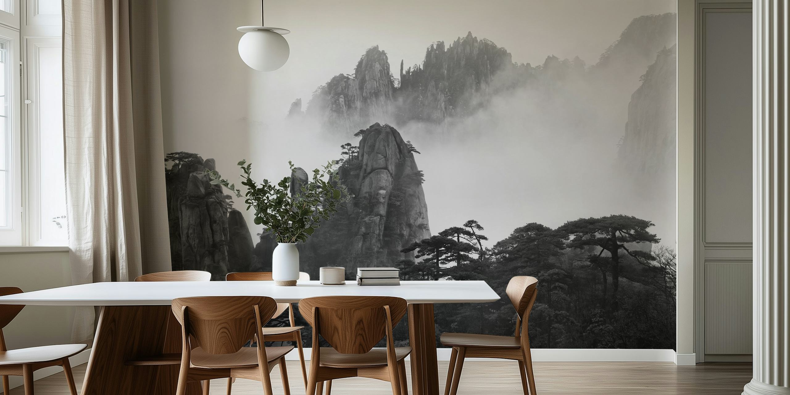 Huangshan mountain range wall mural in black and white