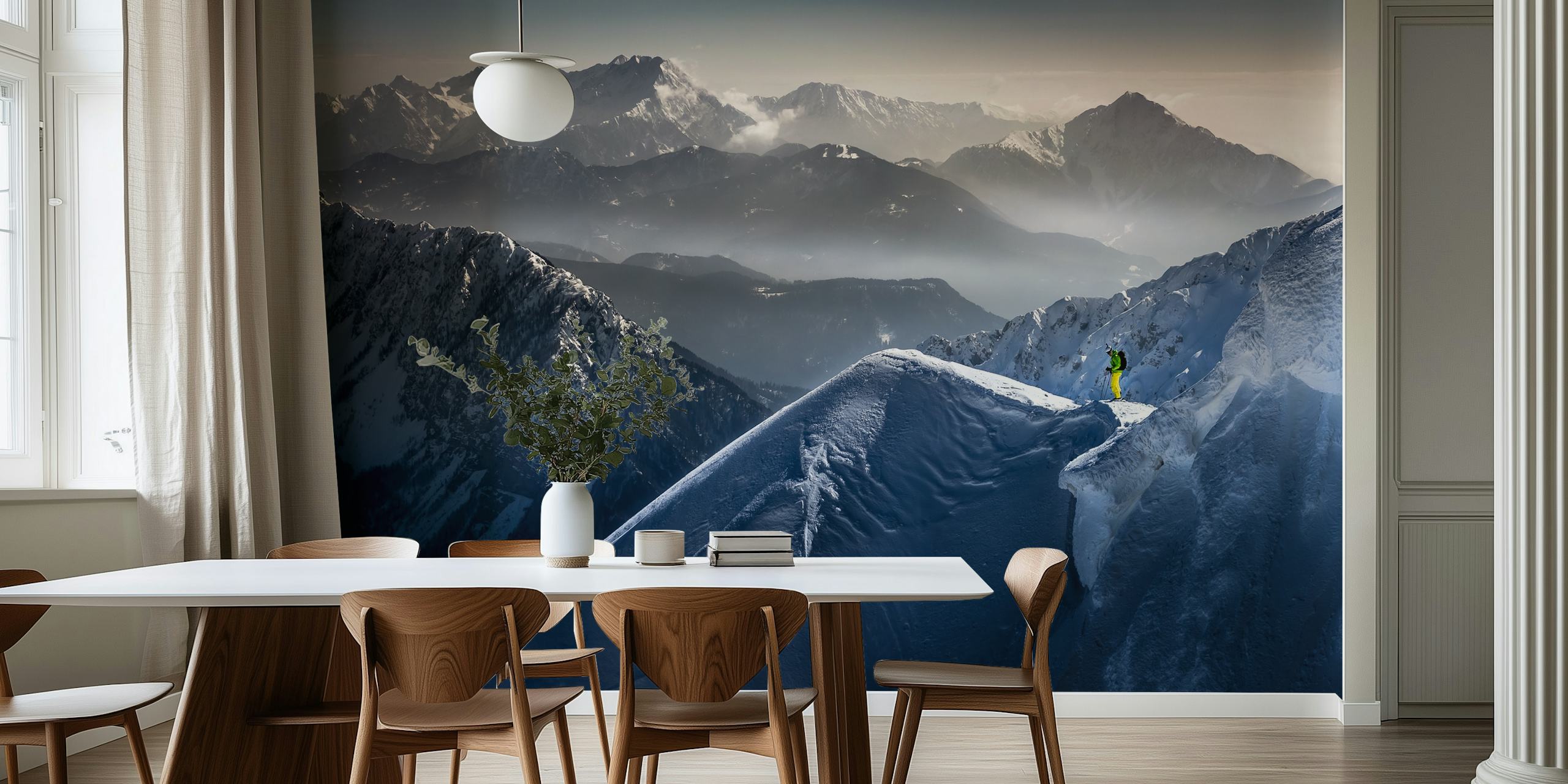 Skier on mountain peak wall mural Silence before Descent with misty mountain backdrop