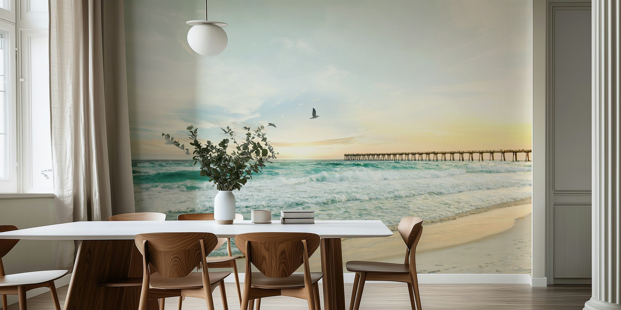 Sunset Pier wall mural with golden hues, calm ocean, and a stretching pier