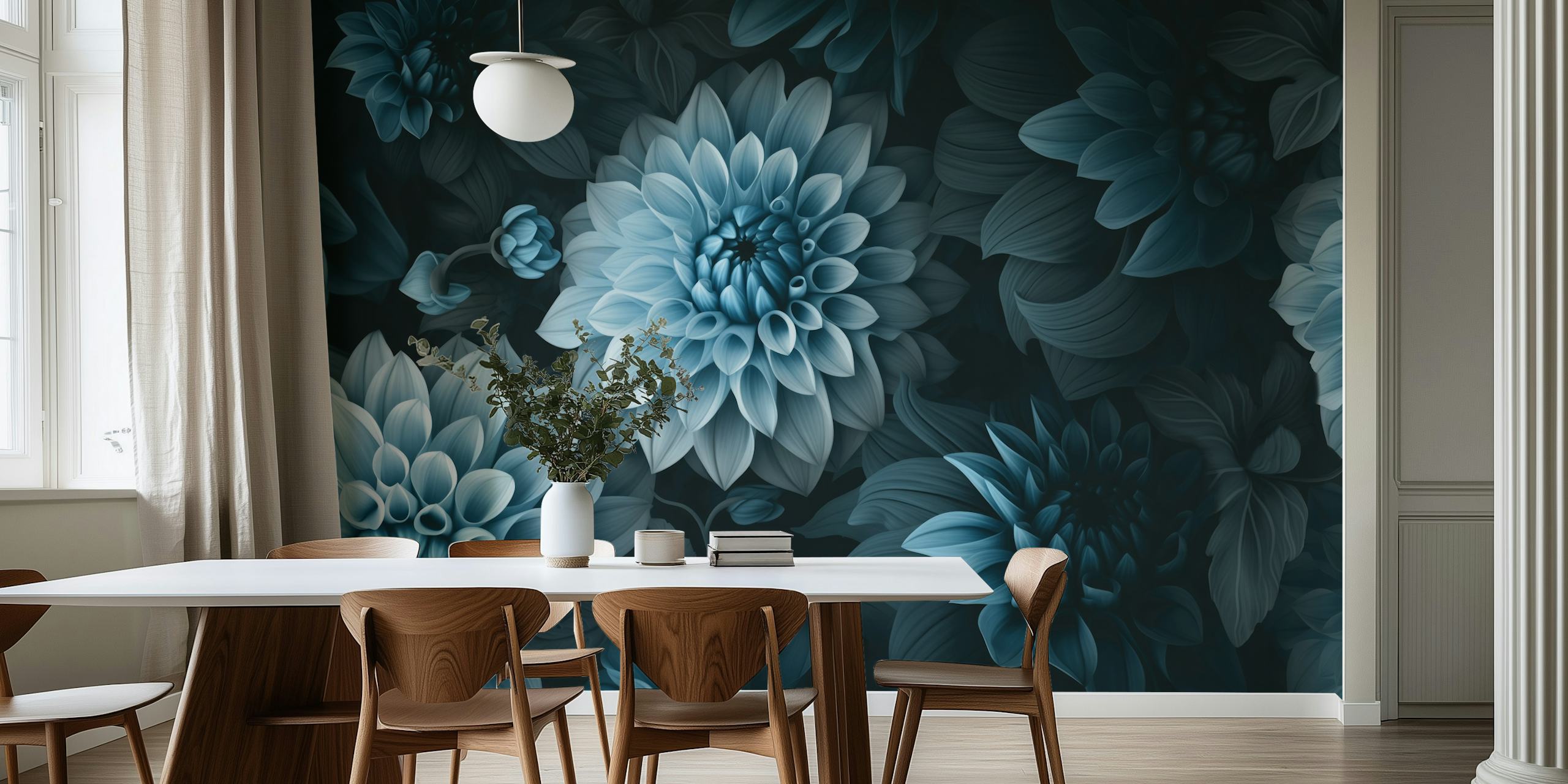 Ylellinen Moody Dahlia Flowers -seinämaalaus, jossa on täyteläisiä sinivihreitä ja sinisiä sävyjä