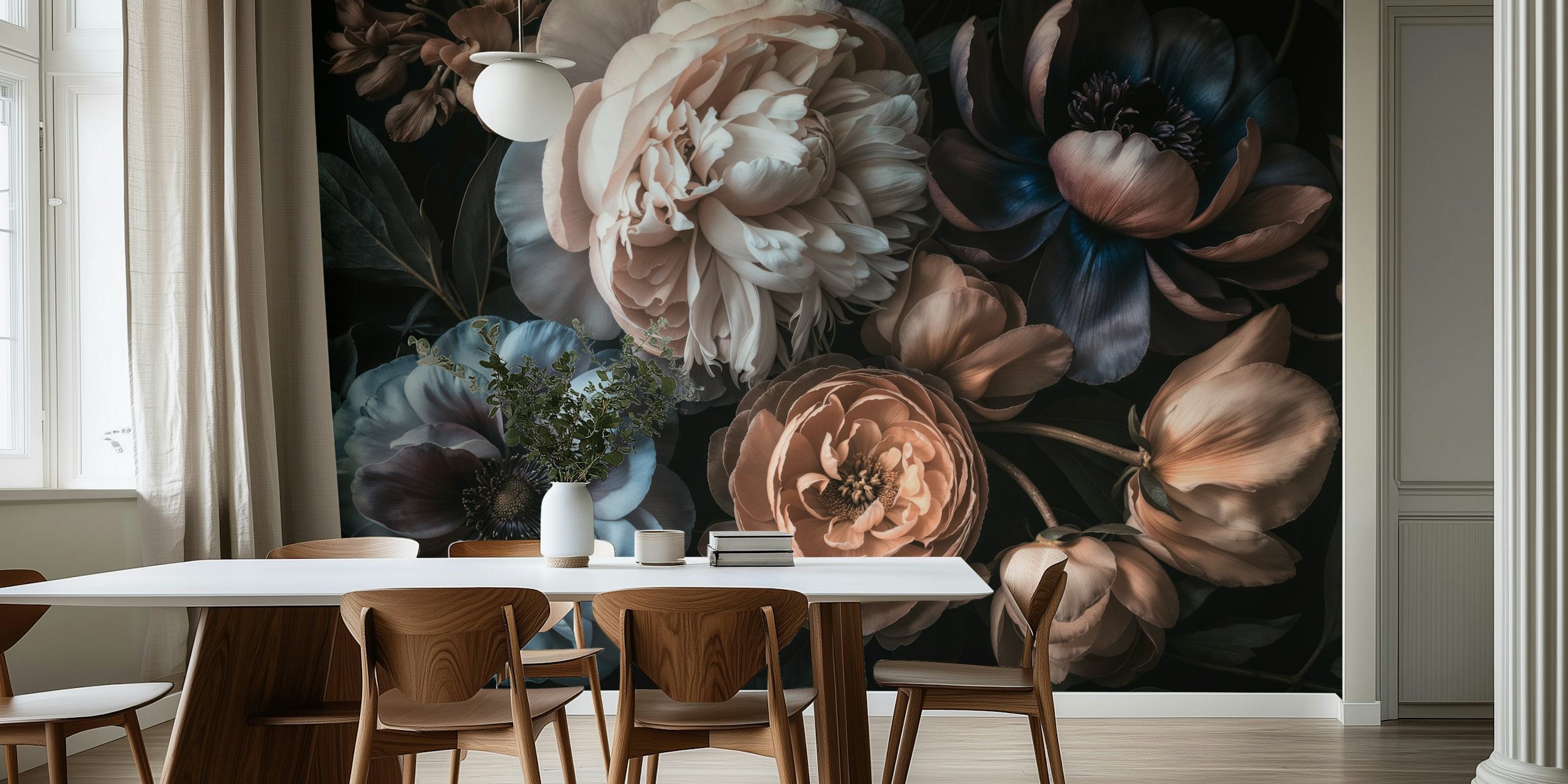 Dark Moody Baroque Blooms wallpaper in a room