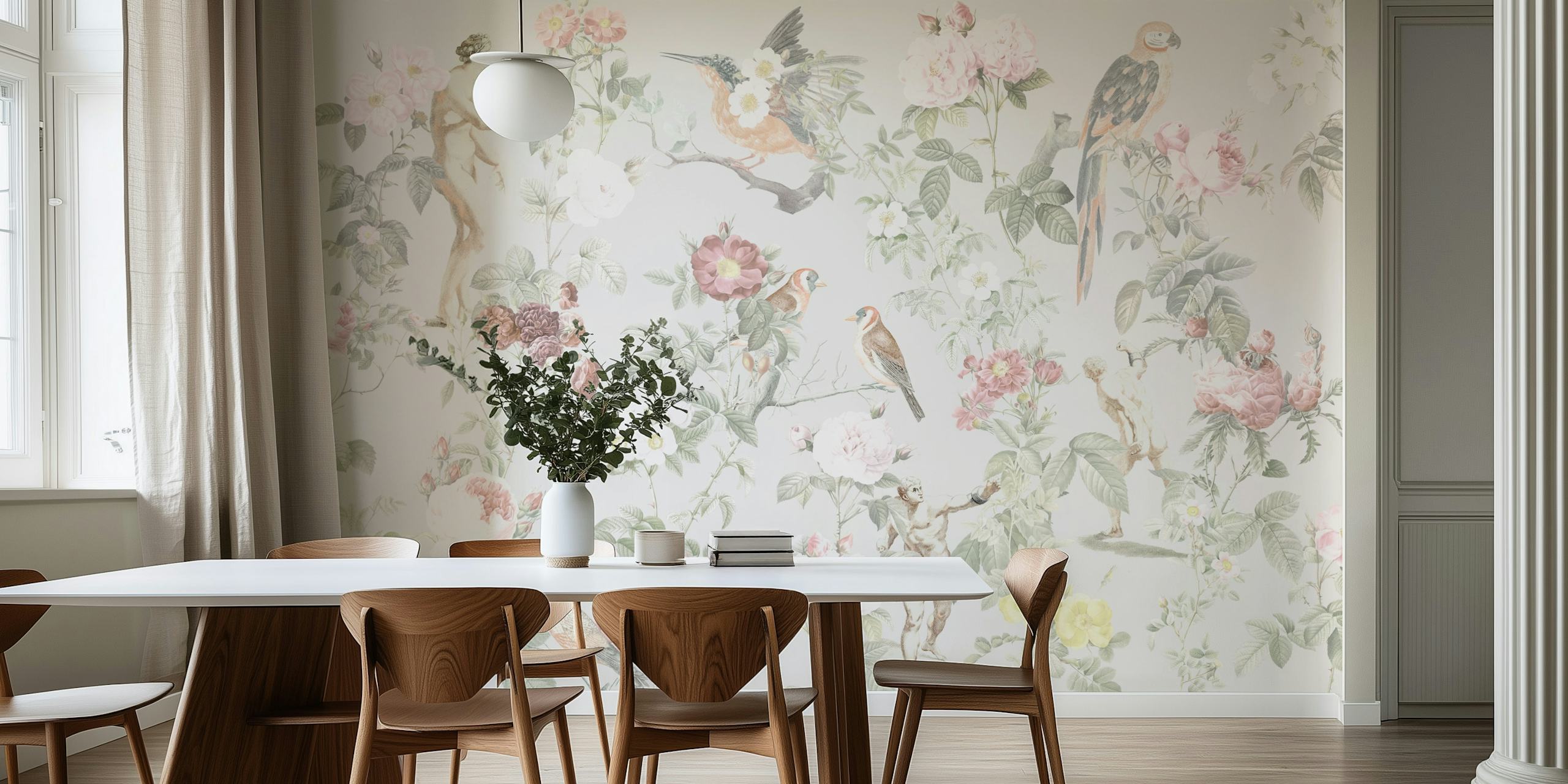Soft-hued flower and bird illustration wall mural