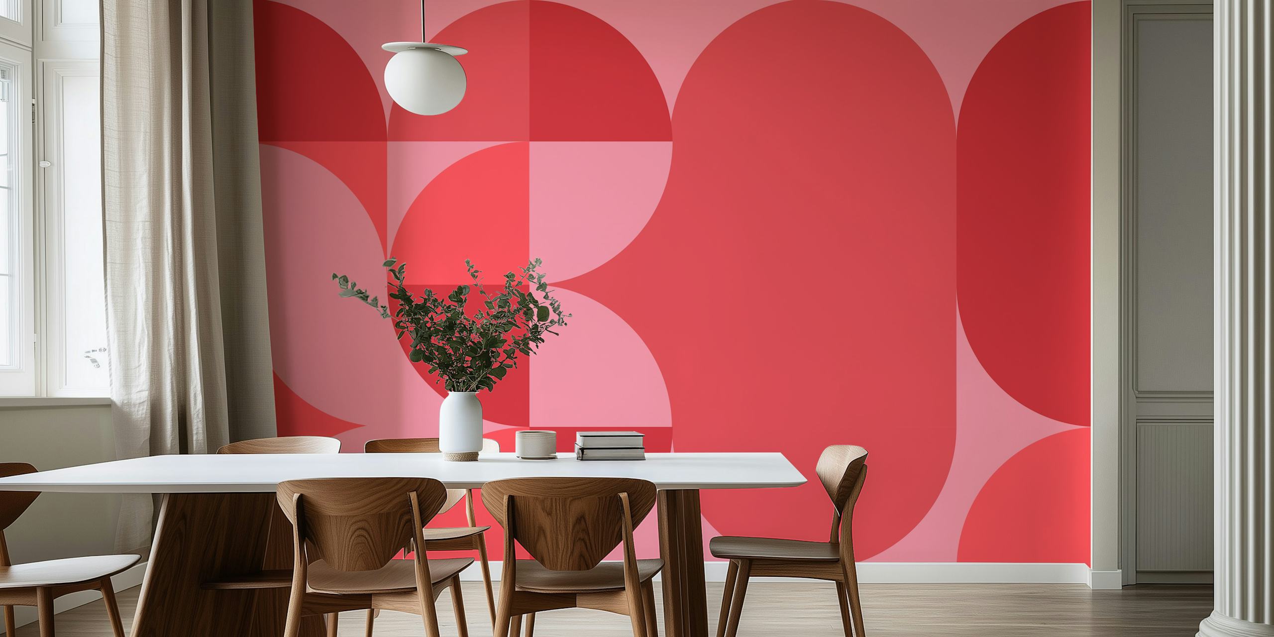 Geometric shapes in coral, pink, and red tones wallpaper