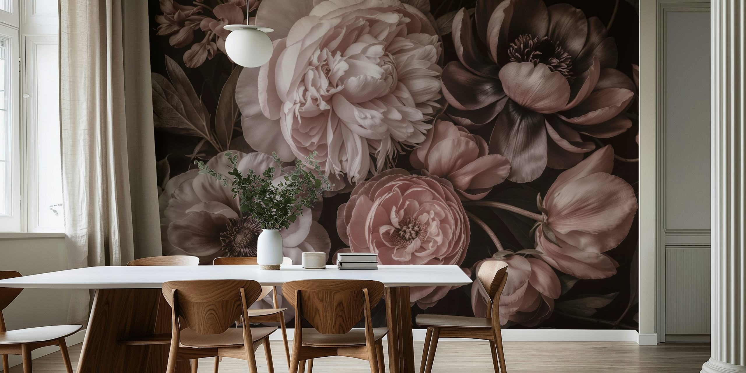 Fototapeta Blush Pink Moody Baroque Blooms s detailními květinovými vzory v růžových a šedých tónech.