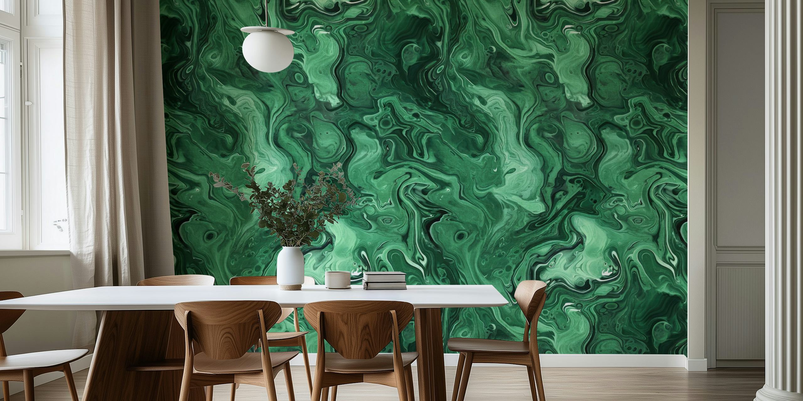 Green Malachite Gem Stone Watercolor wall mural with swirling jade and emerald patterns