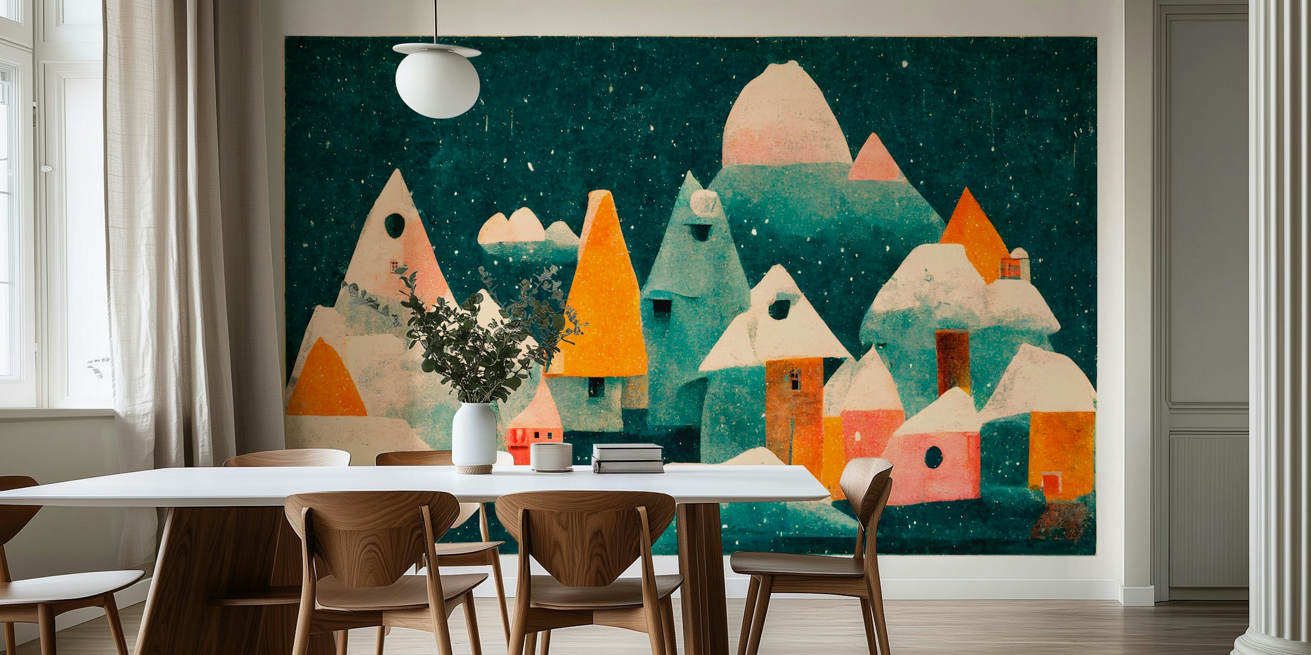 A stylized wall mural depicting a charming snow-covered village under a starry night sky with a crescent moon
