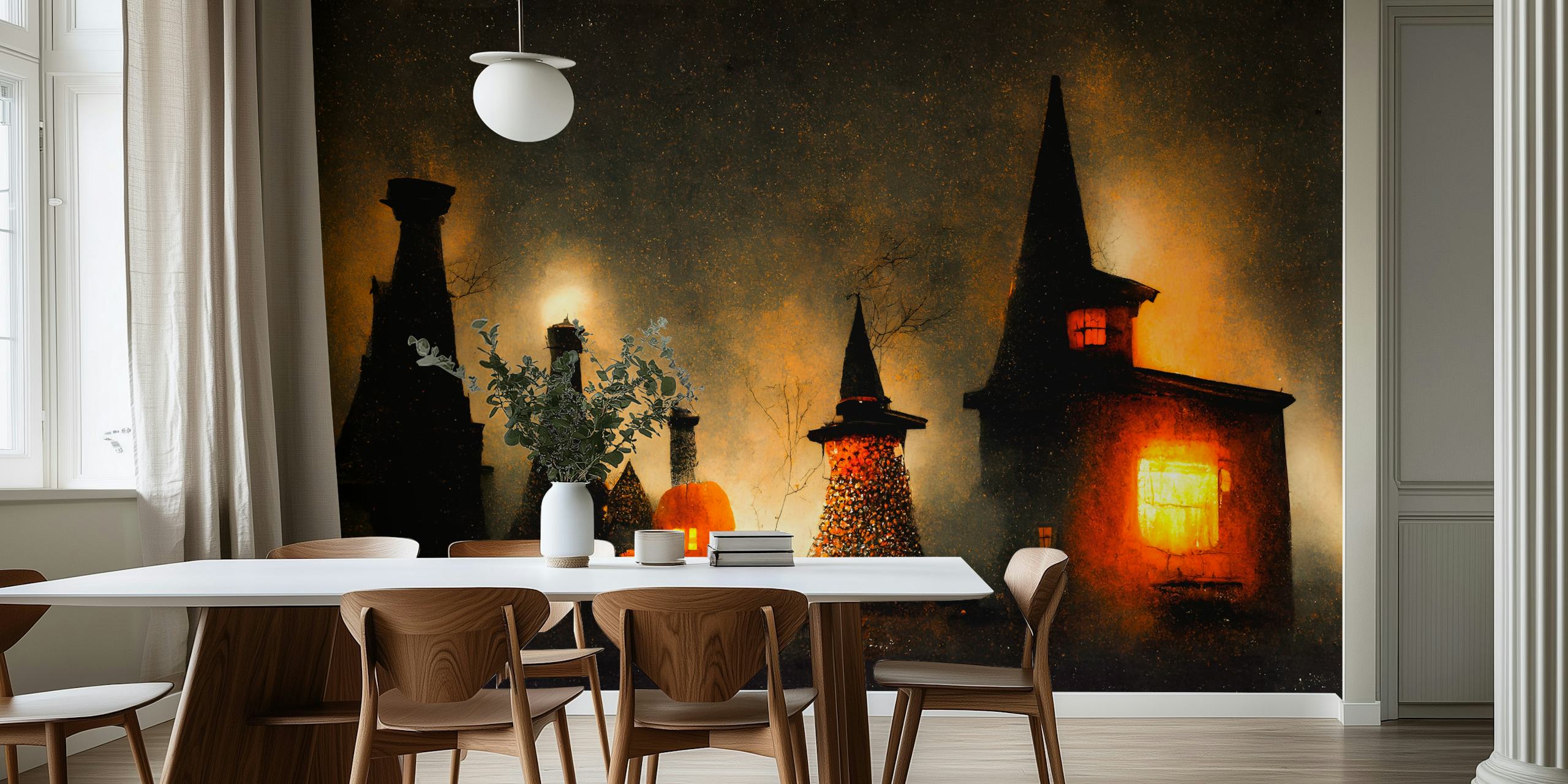 Fantasy witch village wall mural with moonlit shadowy cottages
