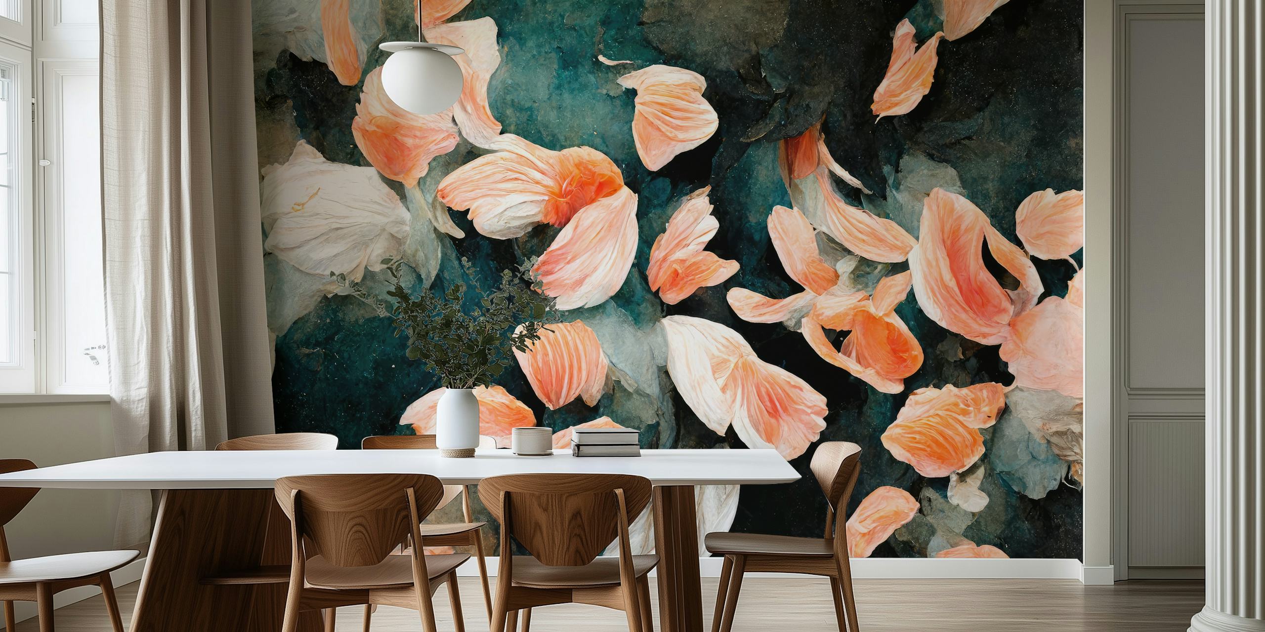Salmon floral petals on dark background wallpaper