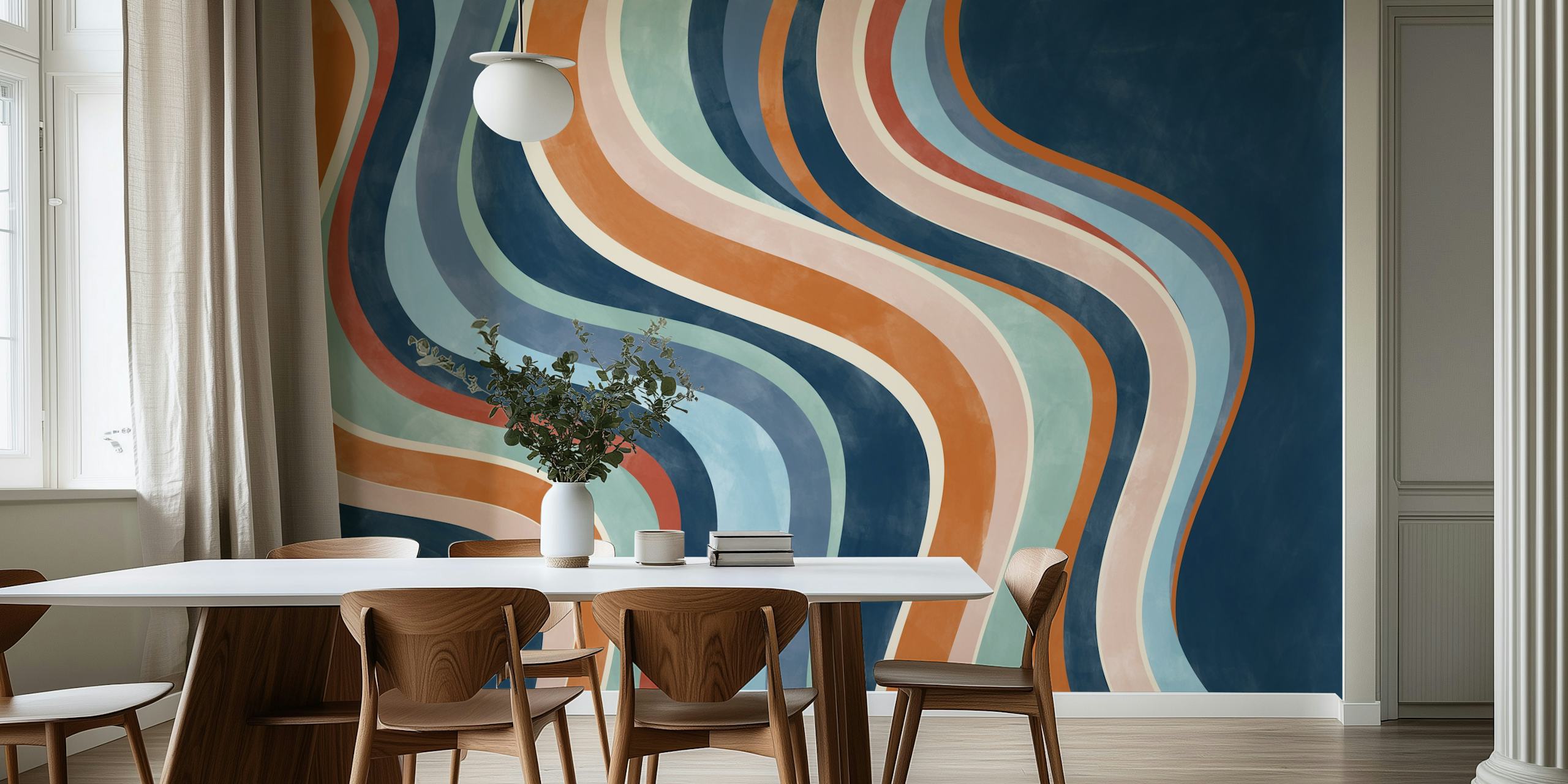 Abstract curving lines in shades of blue, orange, and rust on a dark background wall mural
