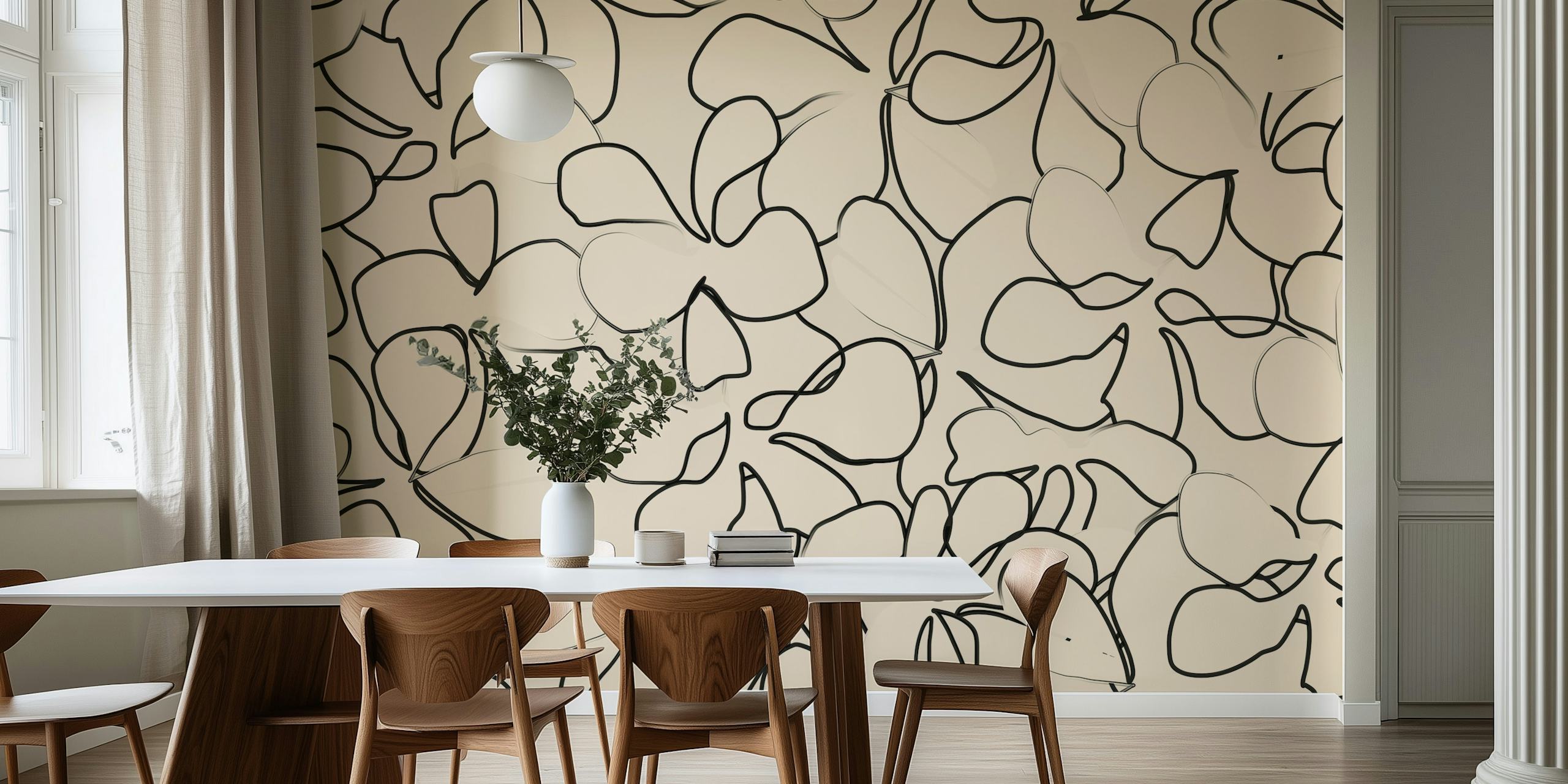Abstract botanical pattern wall mural in neutral tones