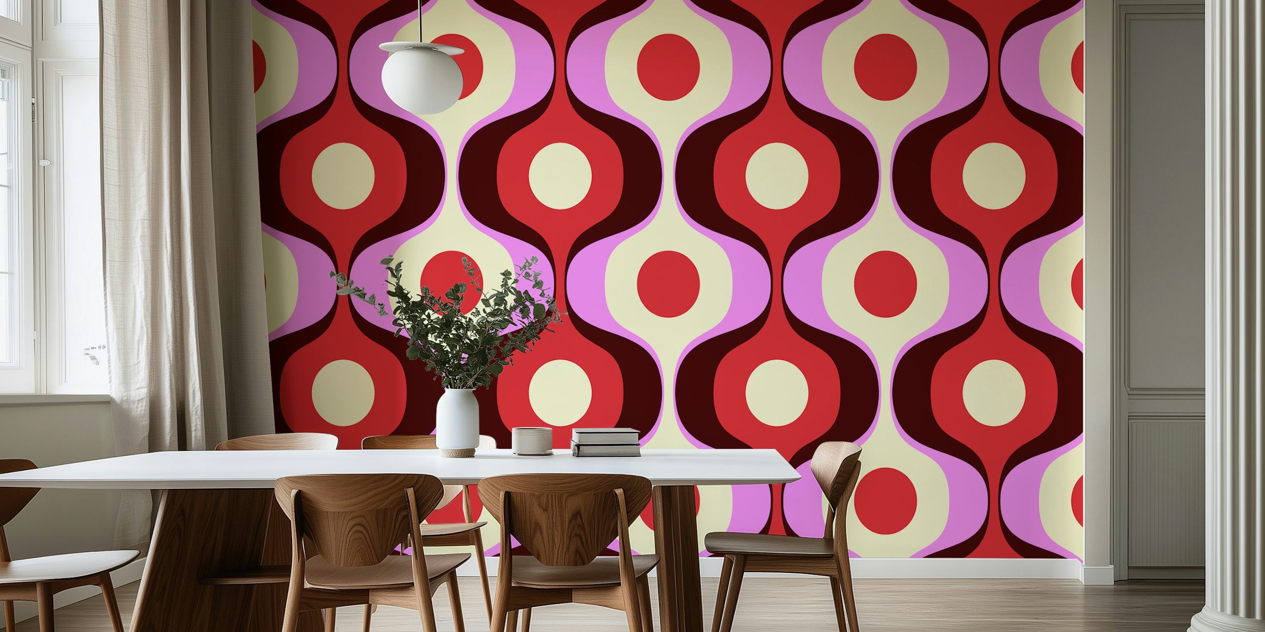 Vibrant vintage abstract geometric wallpaper in a room