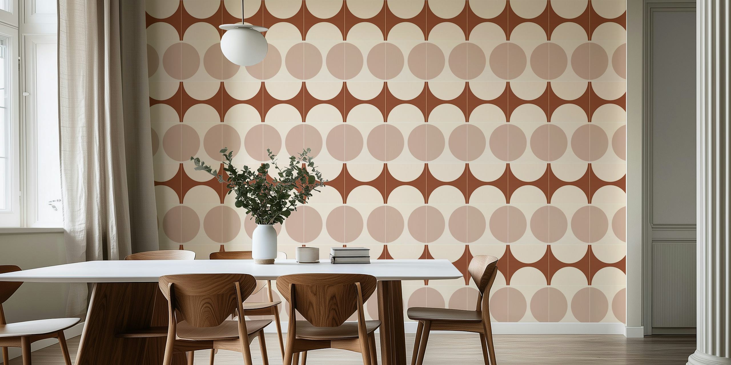 Geometric tile pattern in cream and brown wallpaper