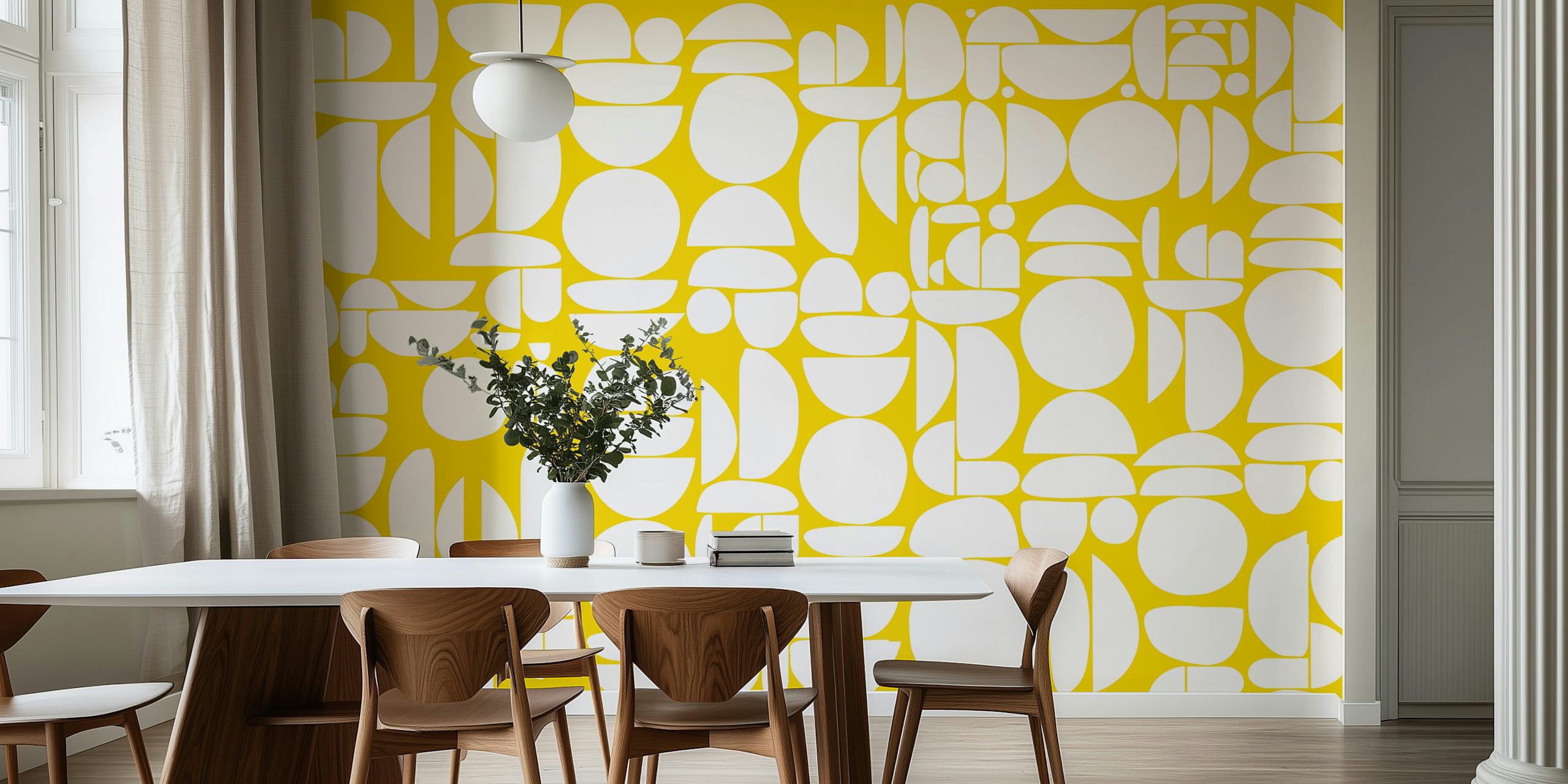 Geometric white shapes on a yellow background wallpaper