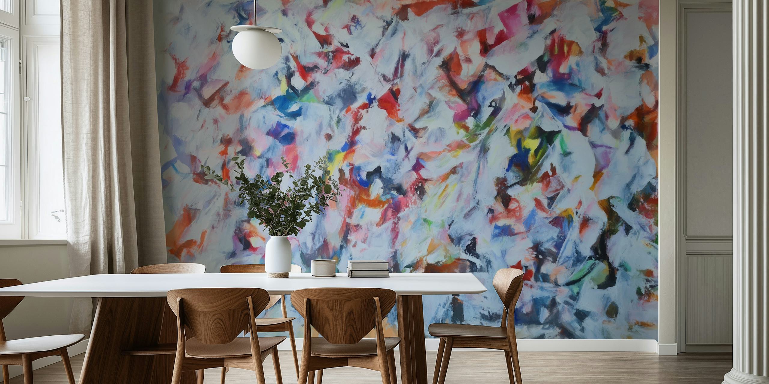 Peinture murale abstraite de coups de pinceau colorés avec un mélange de rouge, bleu, rose et jaune