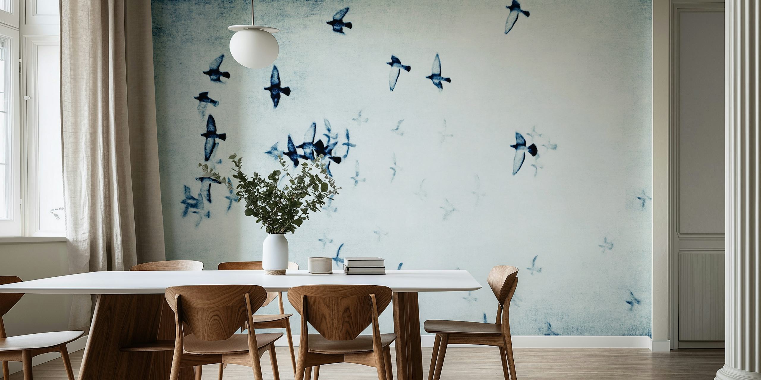 Birds flying in a blue and gray background wallpaper