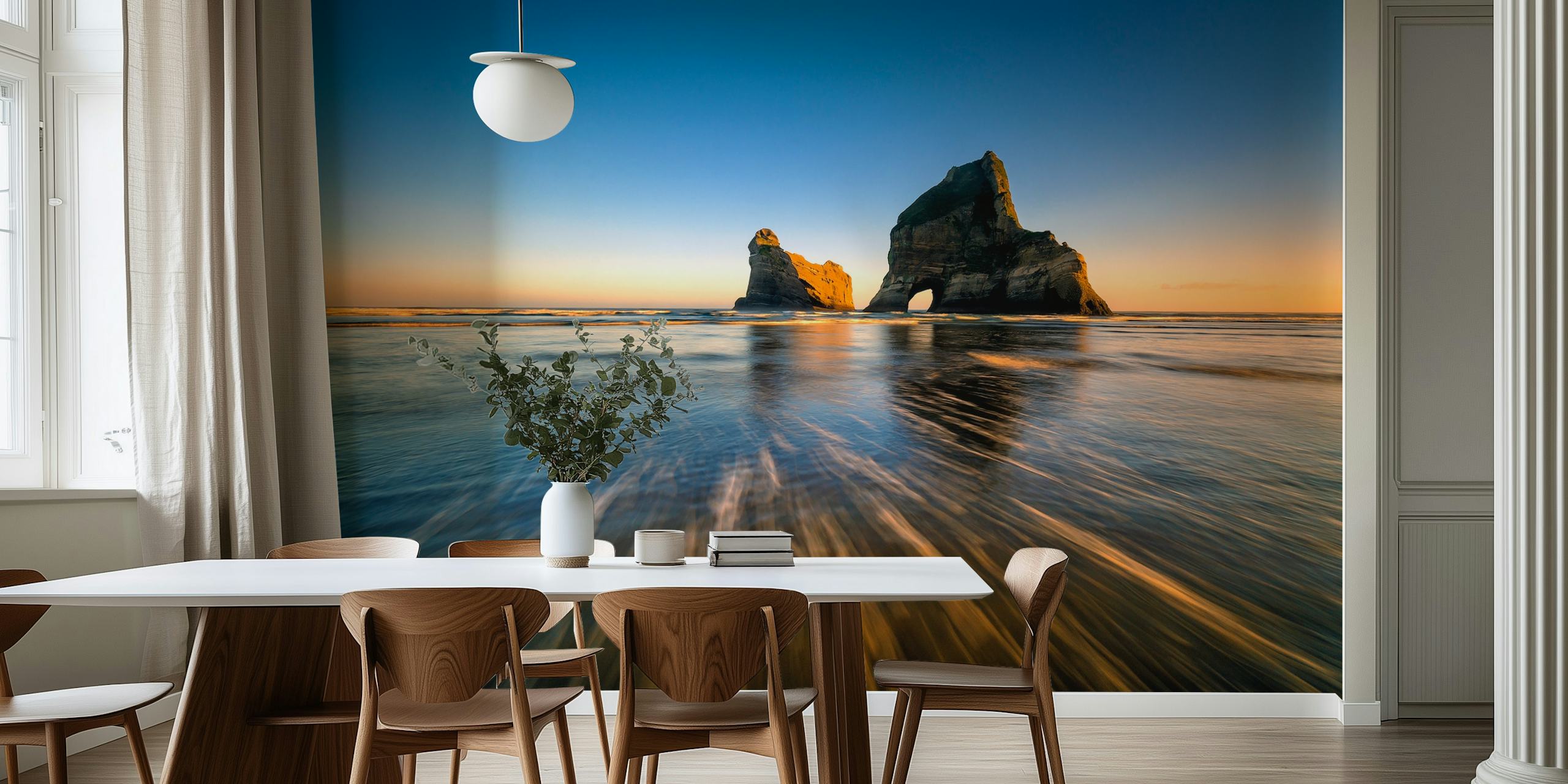 Wharaiki Beach Wandbild mit Sonnenuntergang und Felsformationen