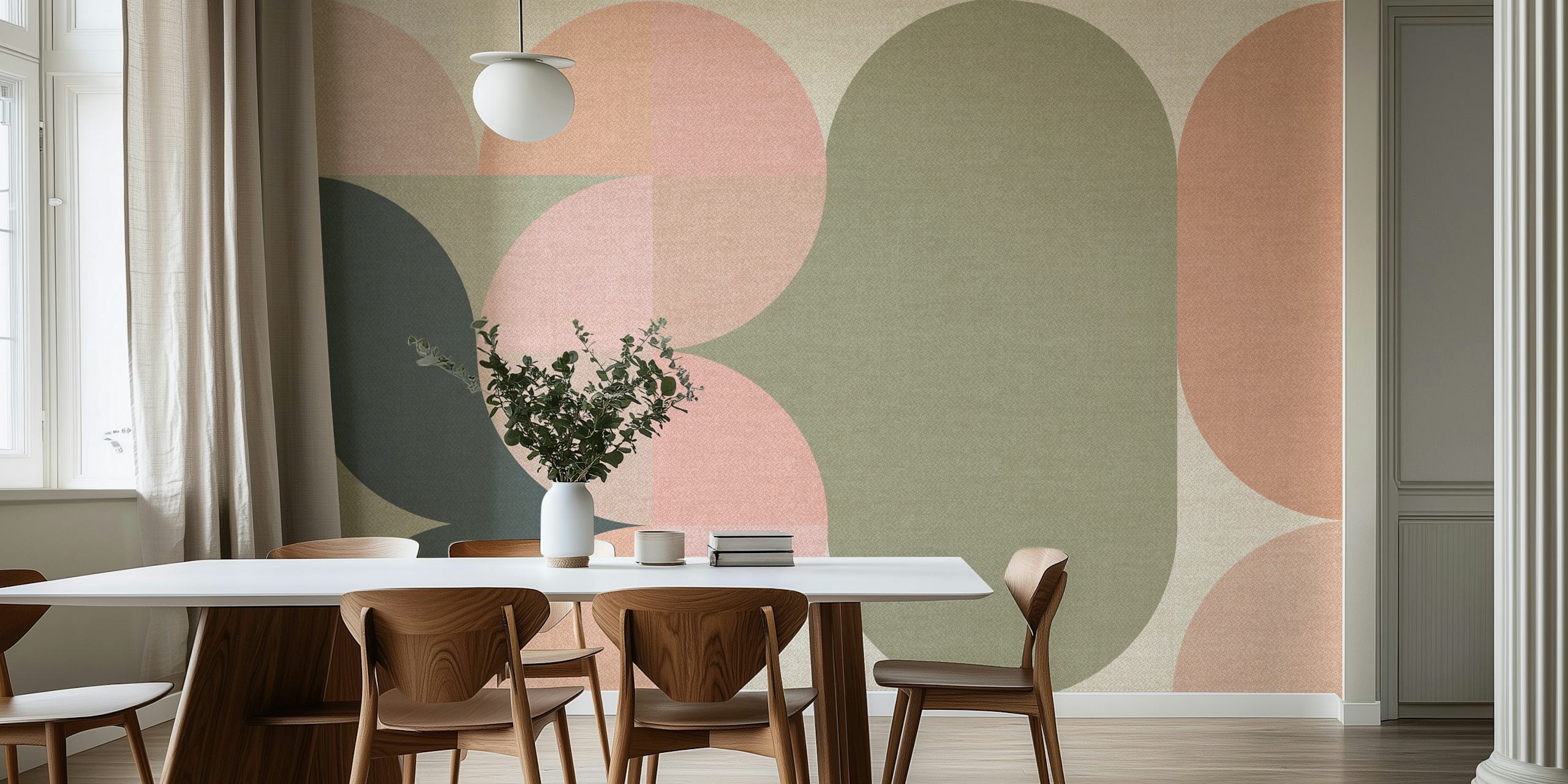 Muted geometric patterns in soft pink, green, and gray wallpaper