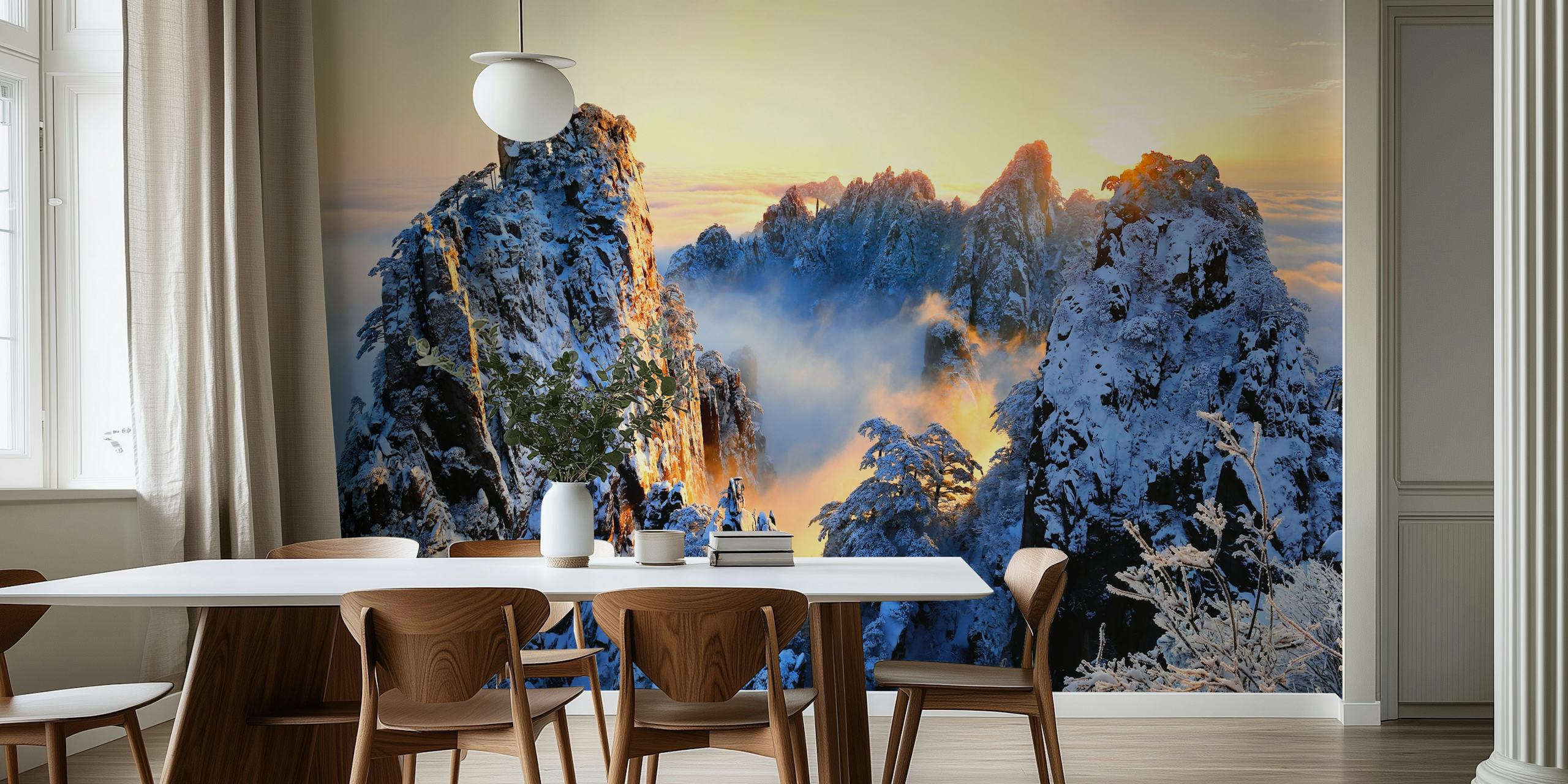 Snowy mountain landscape at sunrise