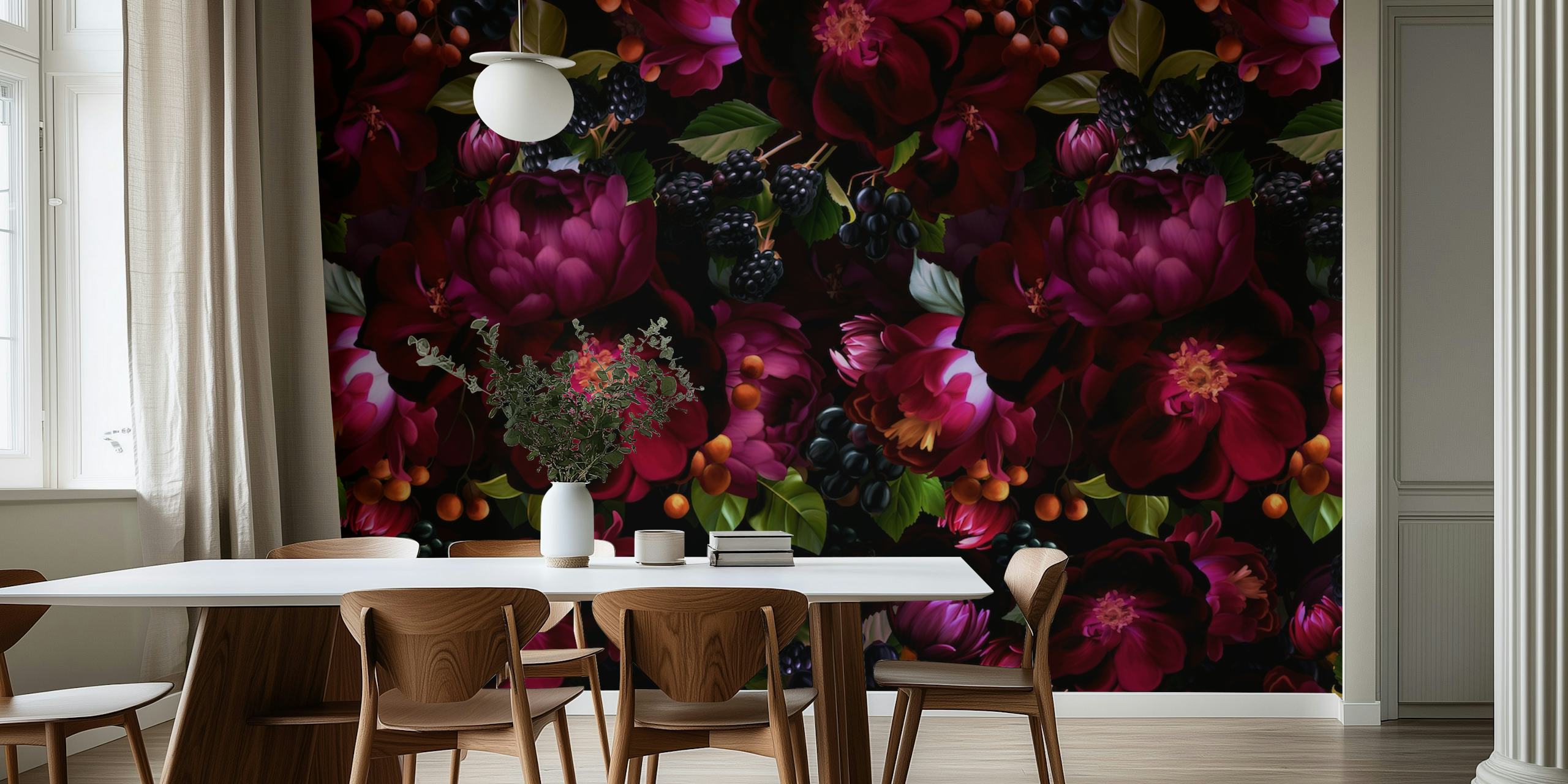 Dark burgundy florals with greenery and black berries wallpaper