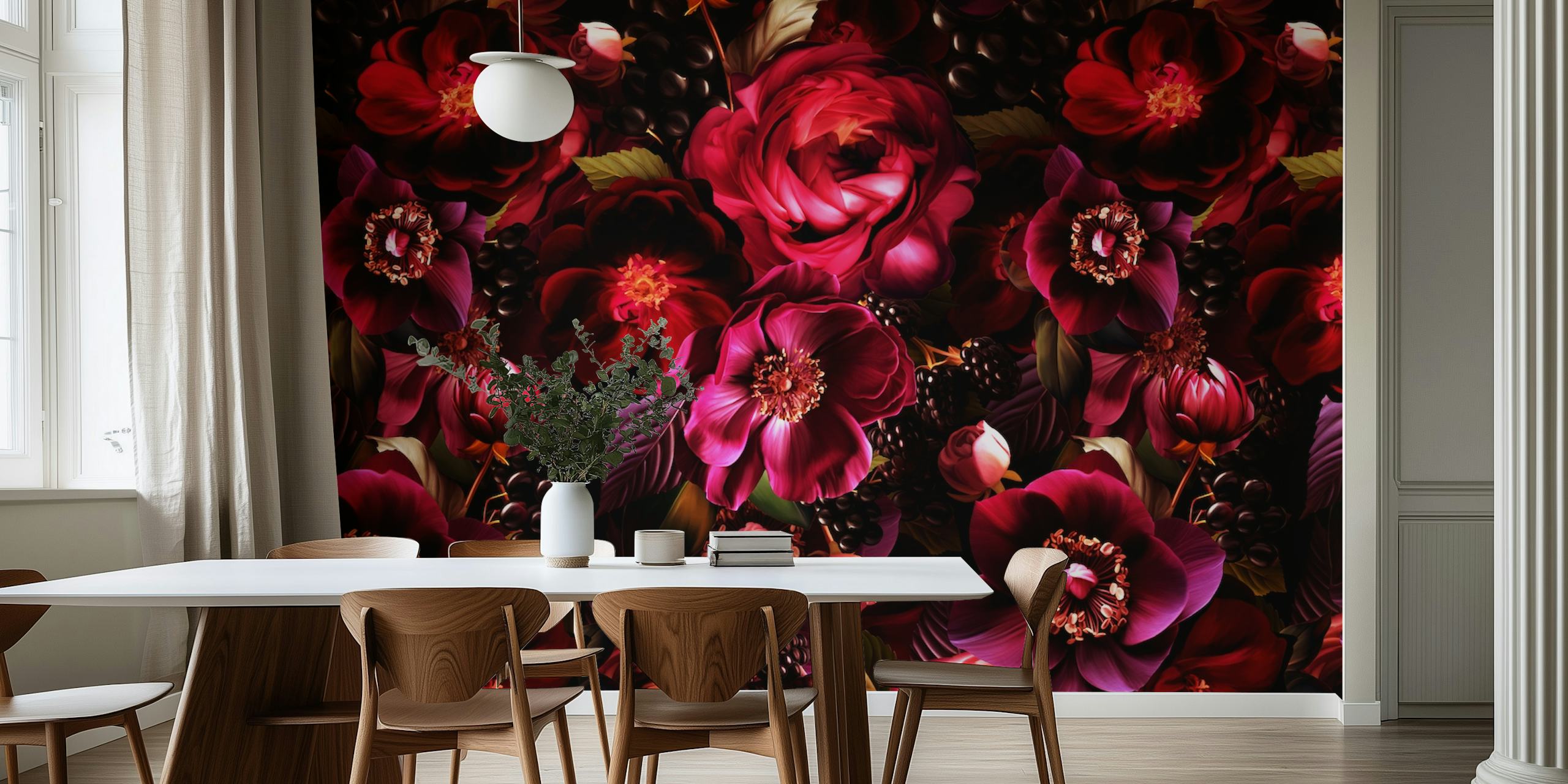 Dark floral wallpaper design in a living room