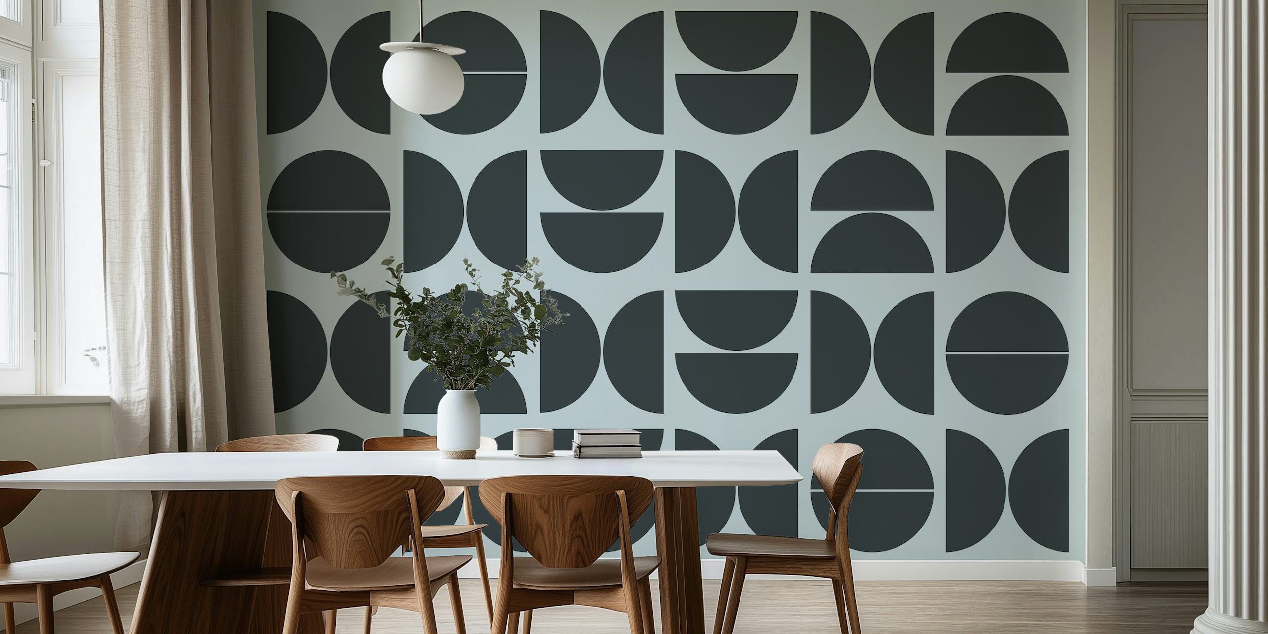 Black geometric pattern with circular and semi-circular shapes wallpaper