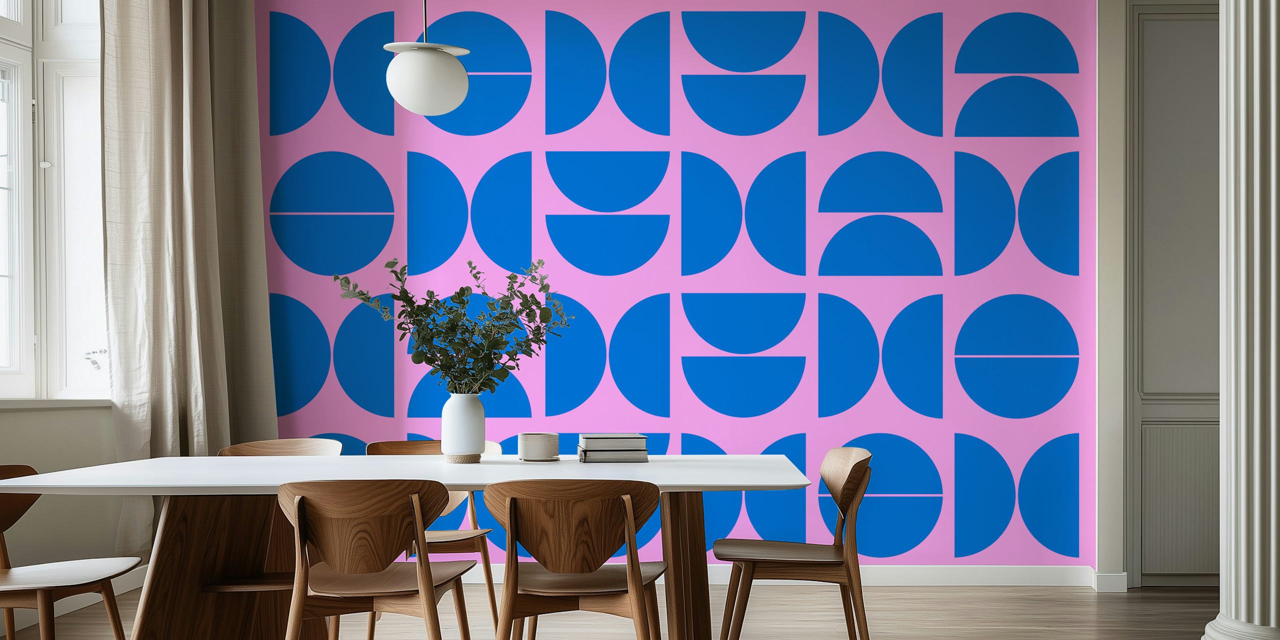 Ružičasti i plavi geometrijski zidni mural inspiriran Bauhausom
