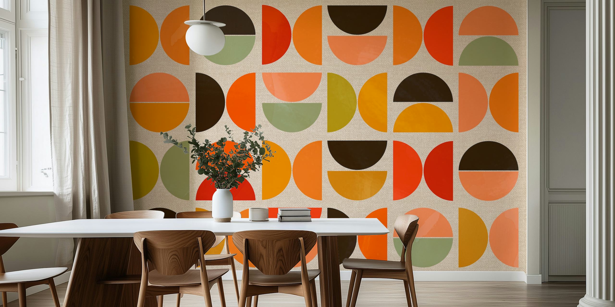 Colorful geometric shapes in warm tones on beige wallpaper