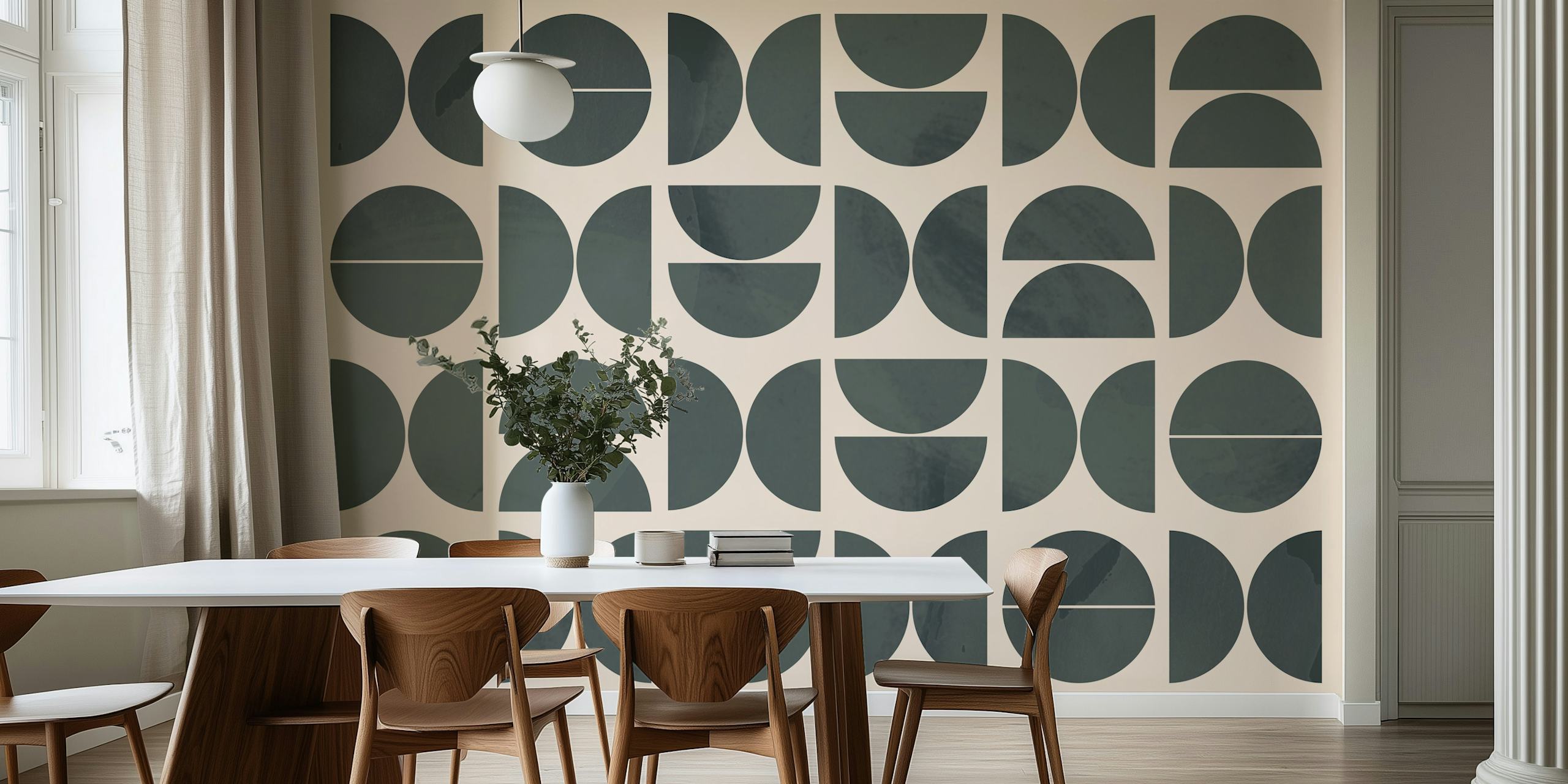 Geometric dark green circular shapes on a light background wallpaper