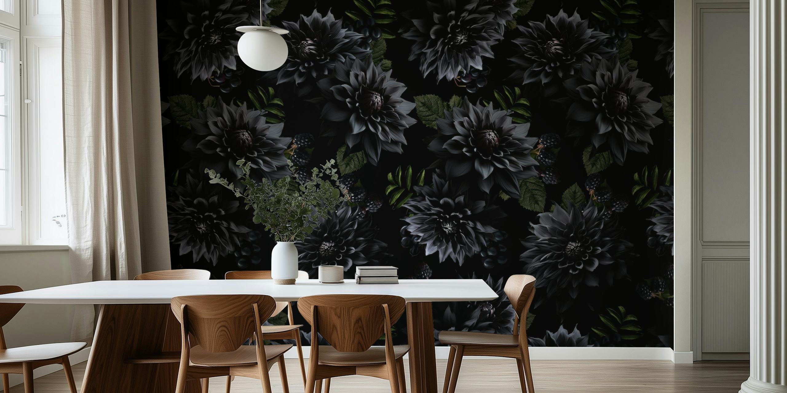 Carta da parati con motivi floreali in stile gotico nero e grigio per un'atmosfera misteriosa da giardino notturno