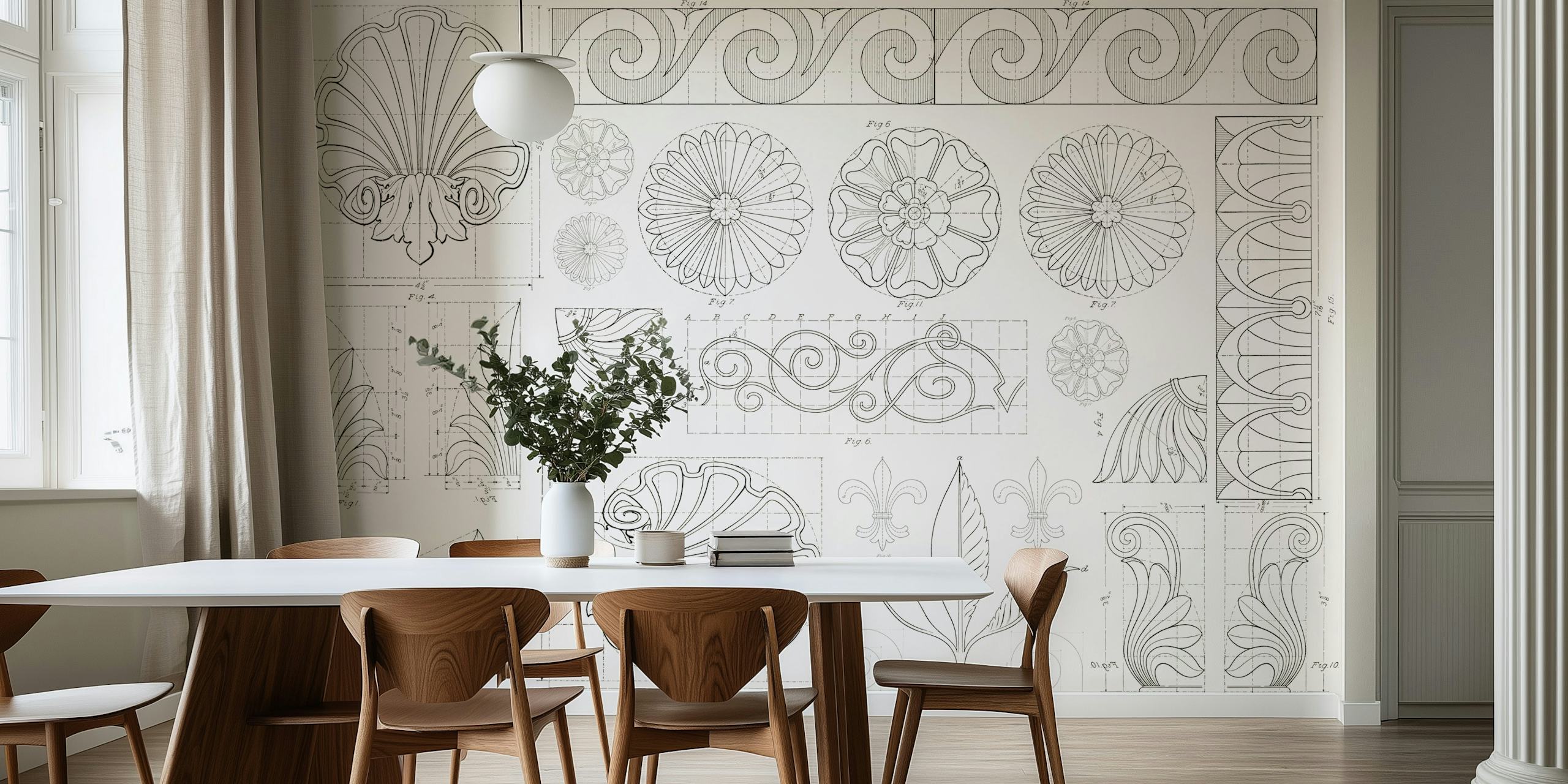 Vintage architectural floral ornament wallpaper in grayscale