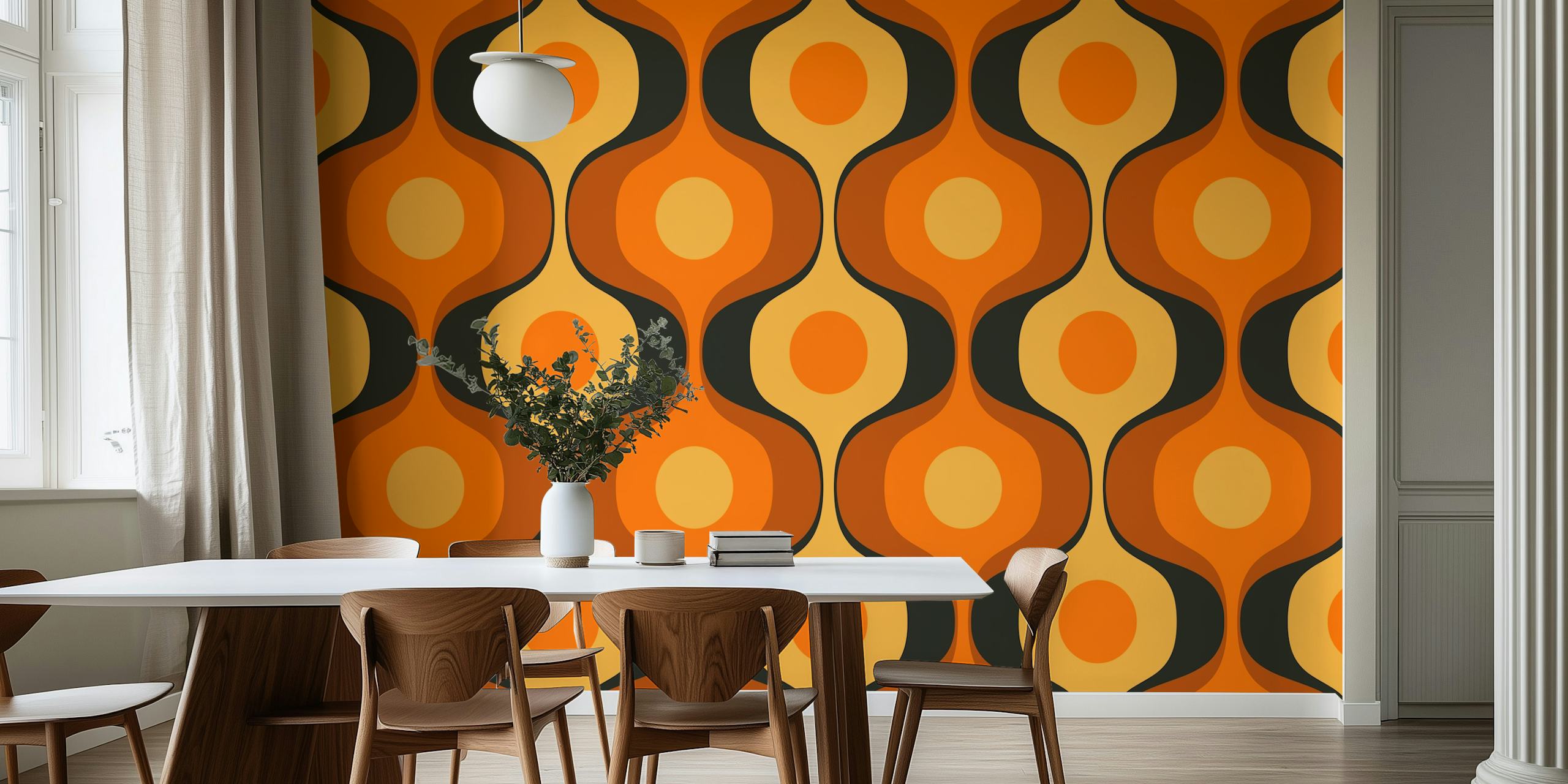 Geometric wave pattern in orange, black, and cream colors wallpaper
